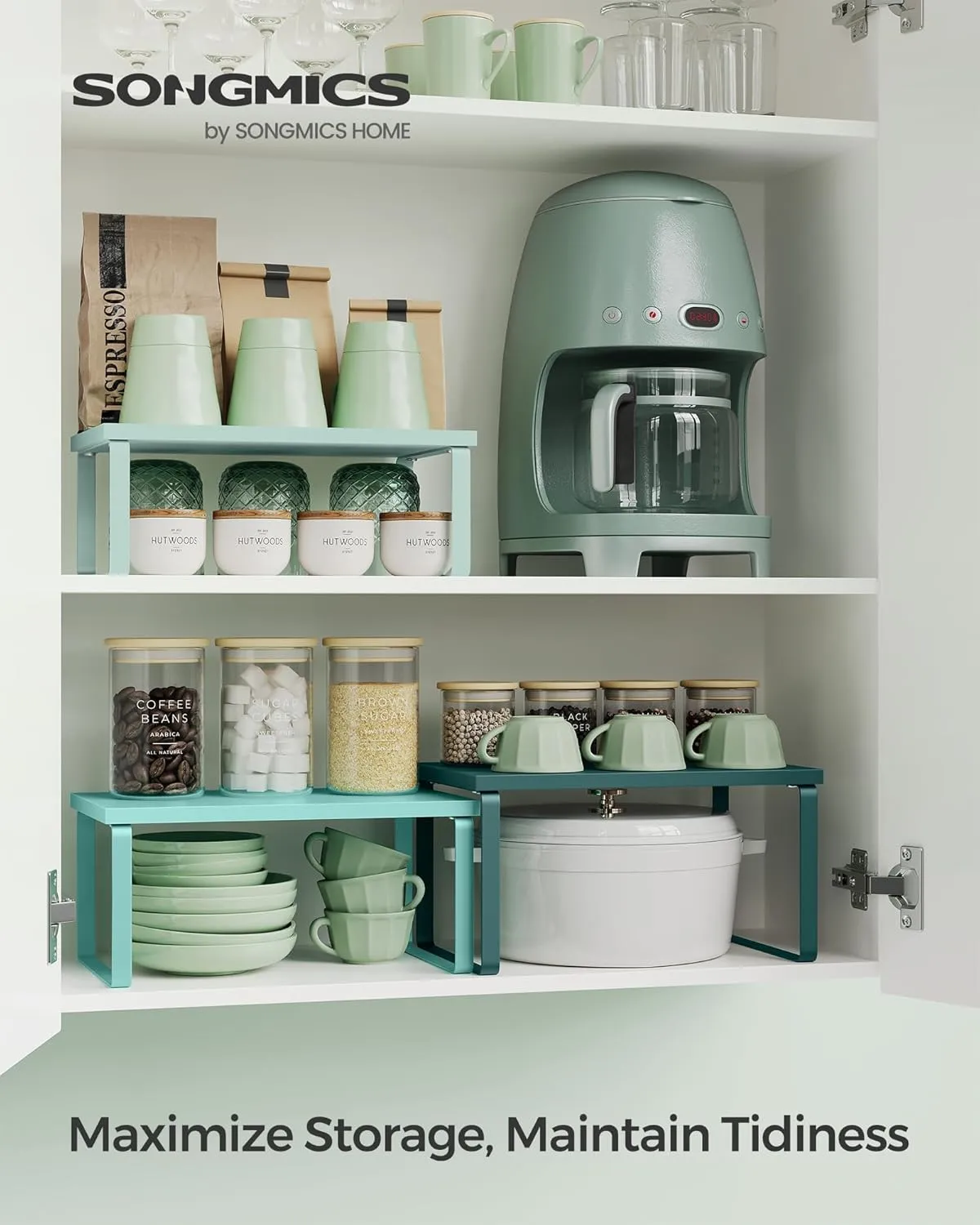 SONGMICS Cabinet Organizer Shelf, Set of 3 Kitchen Counter Shelves, Kitchen Storage, Spice Rack, Stackable, Expandable, Ivy Green UKCS220C01