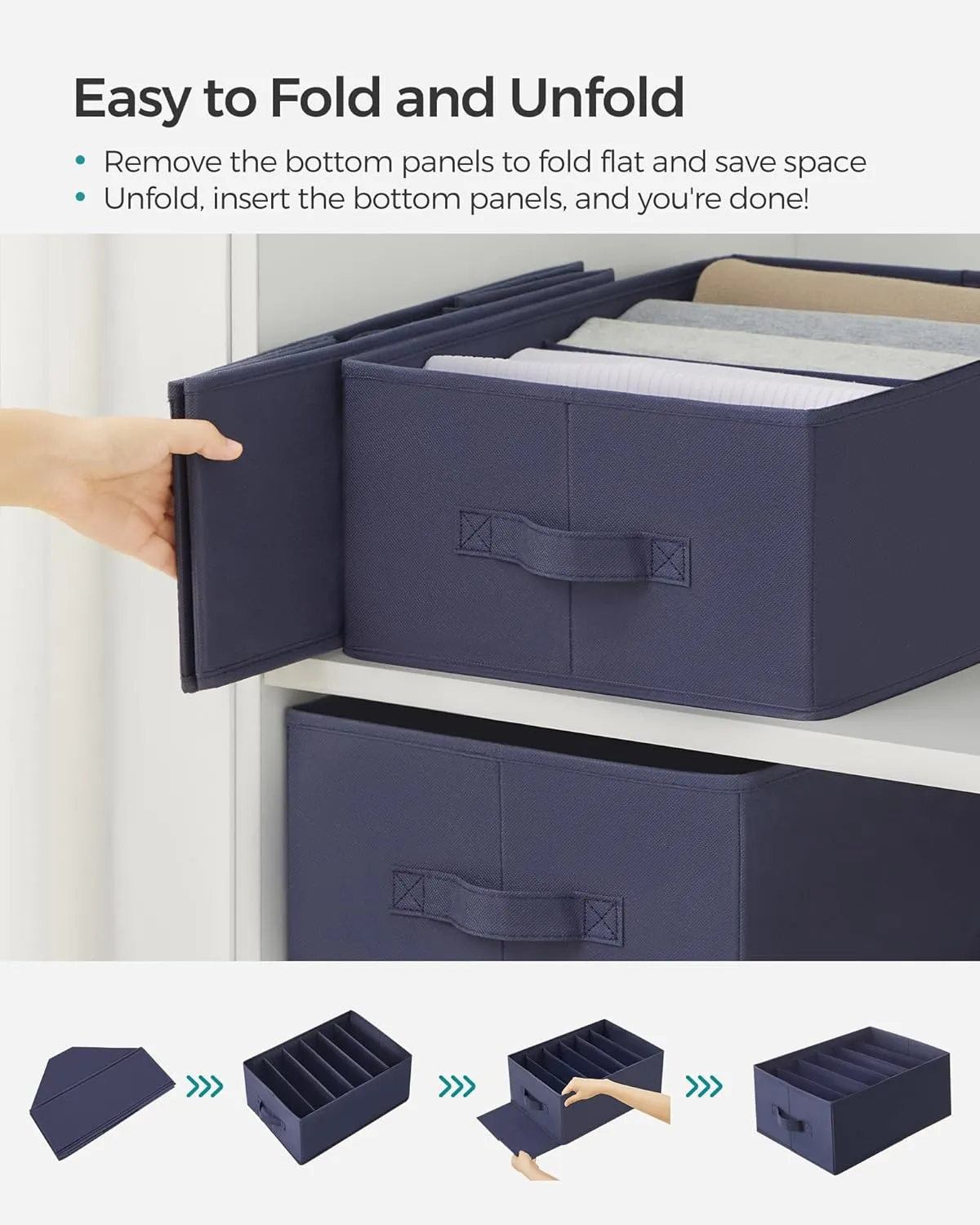 SONGMICS Set of 2 Large Size Wardrobe Clothes Organizers, 6-Compartment Foldable Drawer Organizers with Handles, 16.5 x 11.8 x 6.7 Inches, for Pants, Sweaters, Jeans, Charcoal Blue URUS009I02