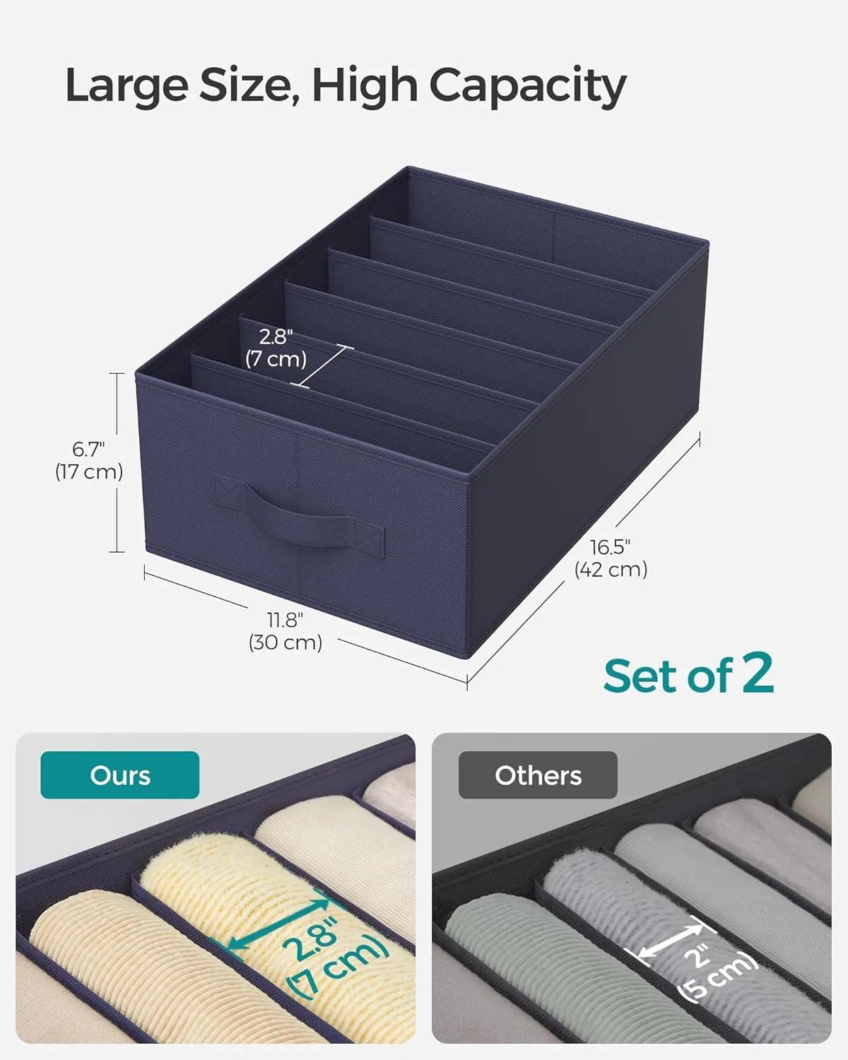 SONGMICS Set of 2 Large Size Wardrobe Clothes Organizers, 6-Compartment Foldable Drawer Organizers with Handles, 16.5 x 11.8 x 6.7 Inches, for Pants, Sweaters, Jeans, Charcoal Blue URUS009I02