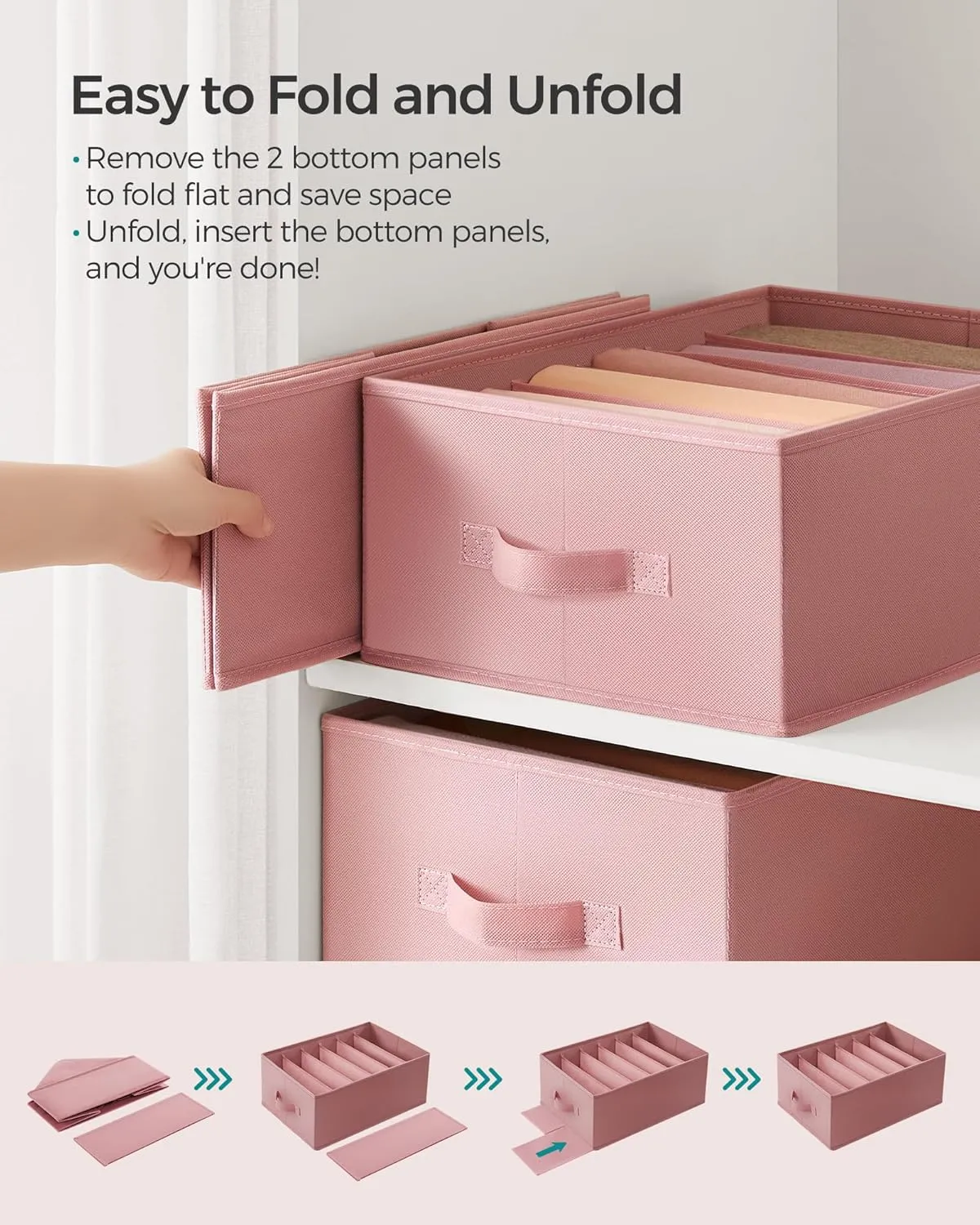 SONGMICS Set of 4 Large Size Wardrobe Clothes Organizers, 6-Compartment Foldable Drawer Organizers with Handles, 16.5 x 11.8 x 6.7 Inches, for Pants, Sweaters, Jeans, Jelly Pink URUS009R01