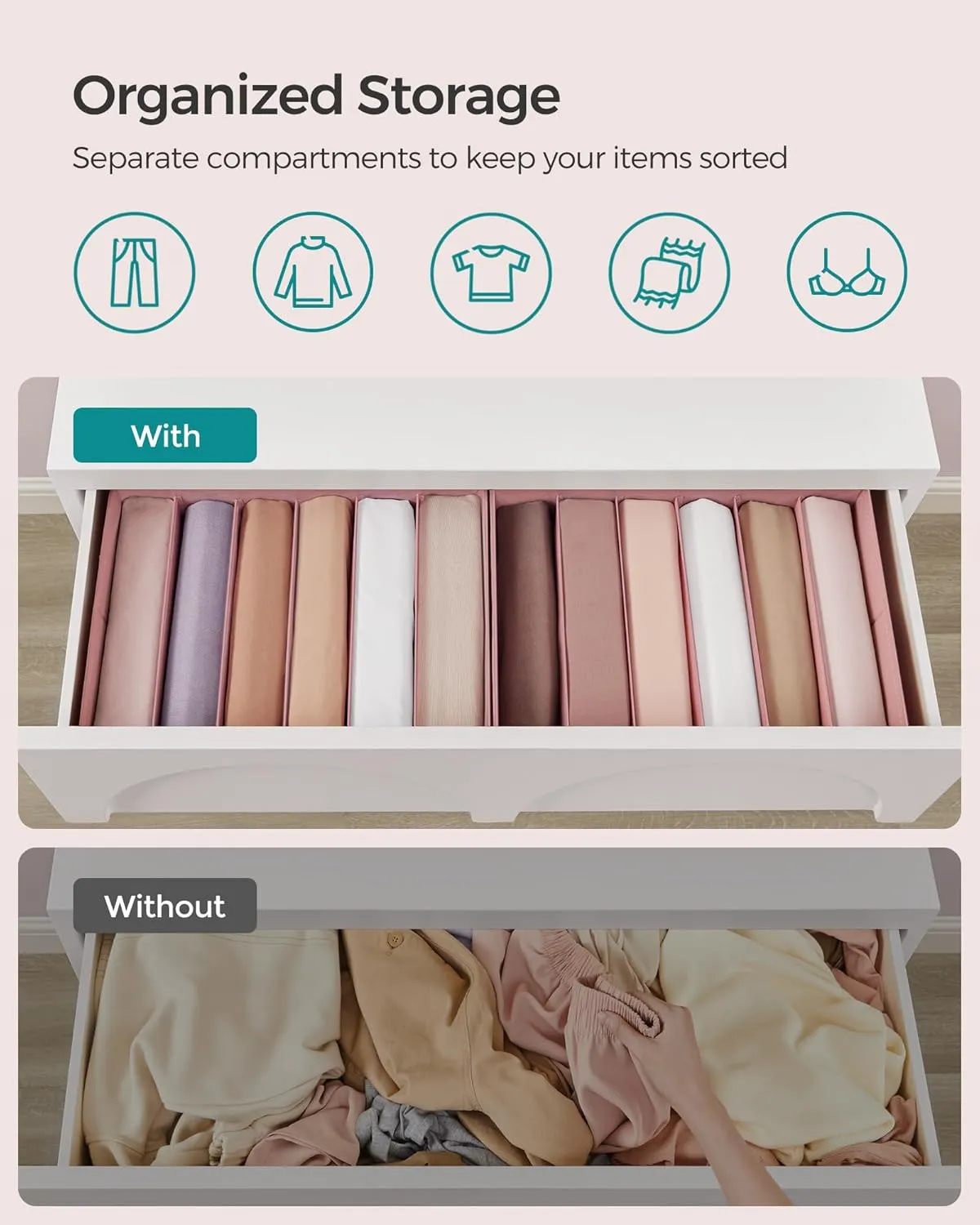 SONGMICS Set of 4 Large Size Wardrobe Clothes Organizers, 6-Compartment Foldable Drawer Organizers with Handles, 16.5 x 11.8 x 6.7 Inches, for Pants, Sweaters, Jeans, Jelly Pink URUS009R01