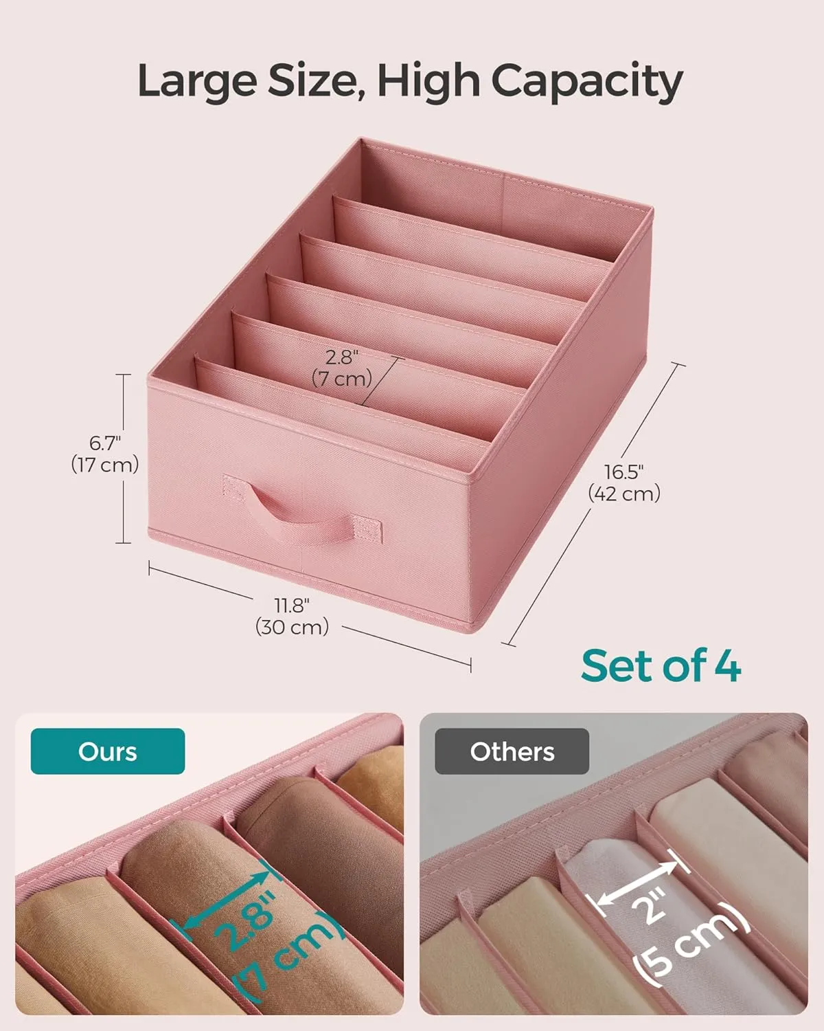 SONGMICS Set of 4 Large Size Wardrobe Clothes Organizers, 6-Compartment Foldable Drawer Organizers with Handles, 16.5 x 11.8 x 6.7 Inches, for Pants, Sweaters, Jeans, Jelly Pink URUS009R01