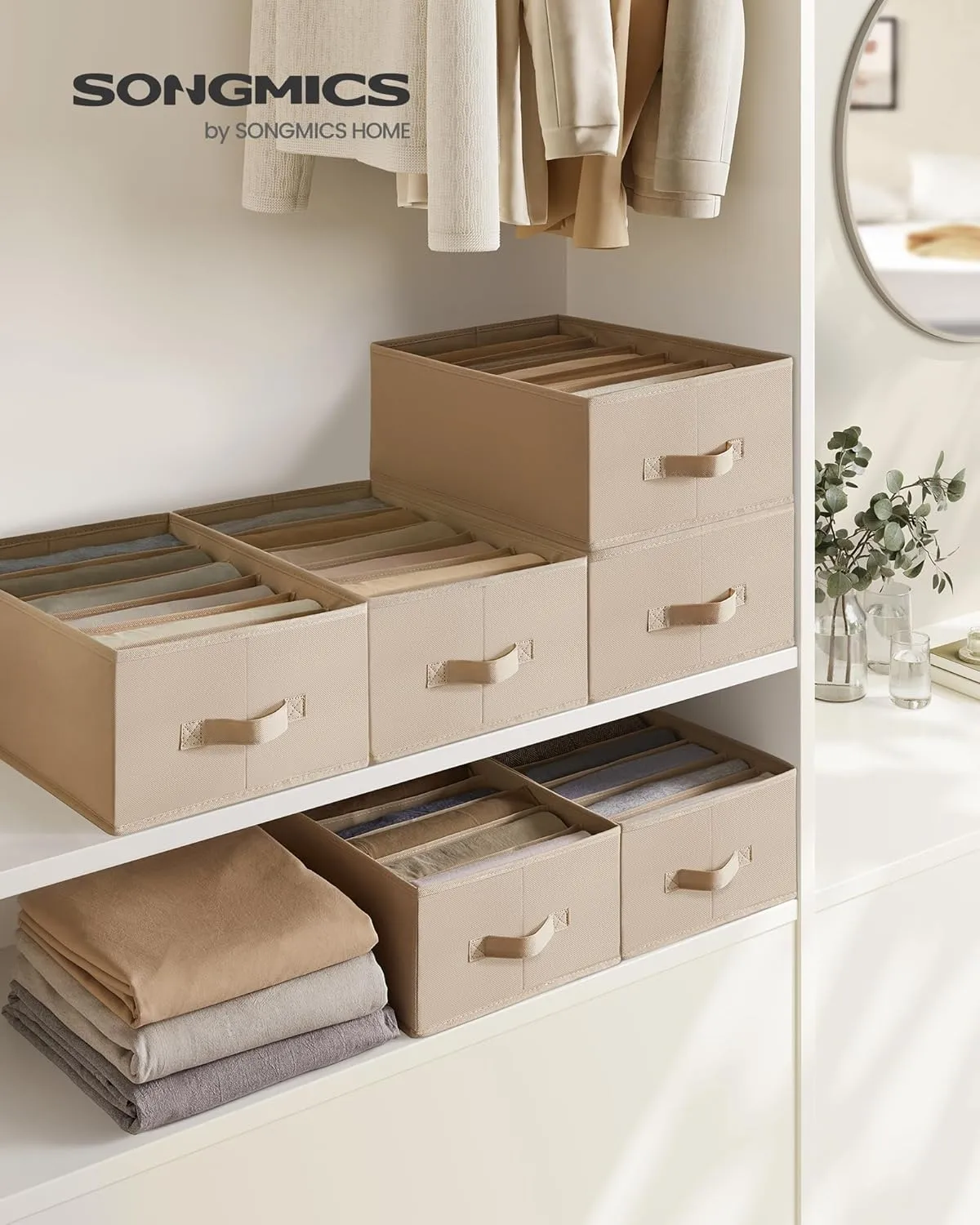 SONGMICS Set of 4 Large Size Wardrobe Clothes Organizers, 6-Compartment Foldable Drawer Organizers with Handles, 16.5 x 11.8 x 6.7 Inches, for Pants, Sweaters, Jeans, Sand Beige URUS009K01