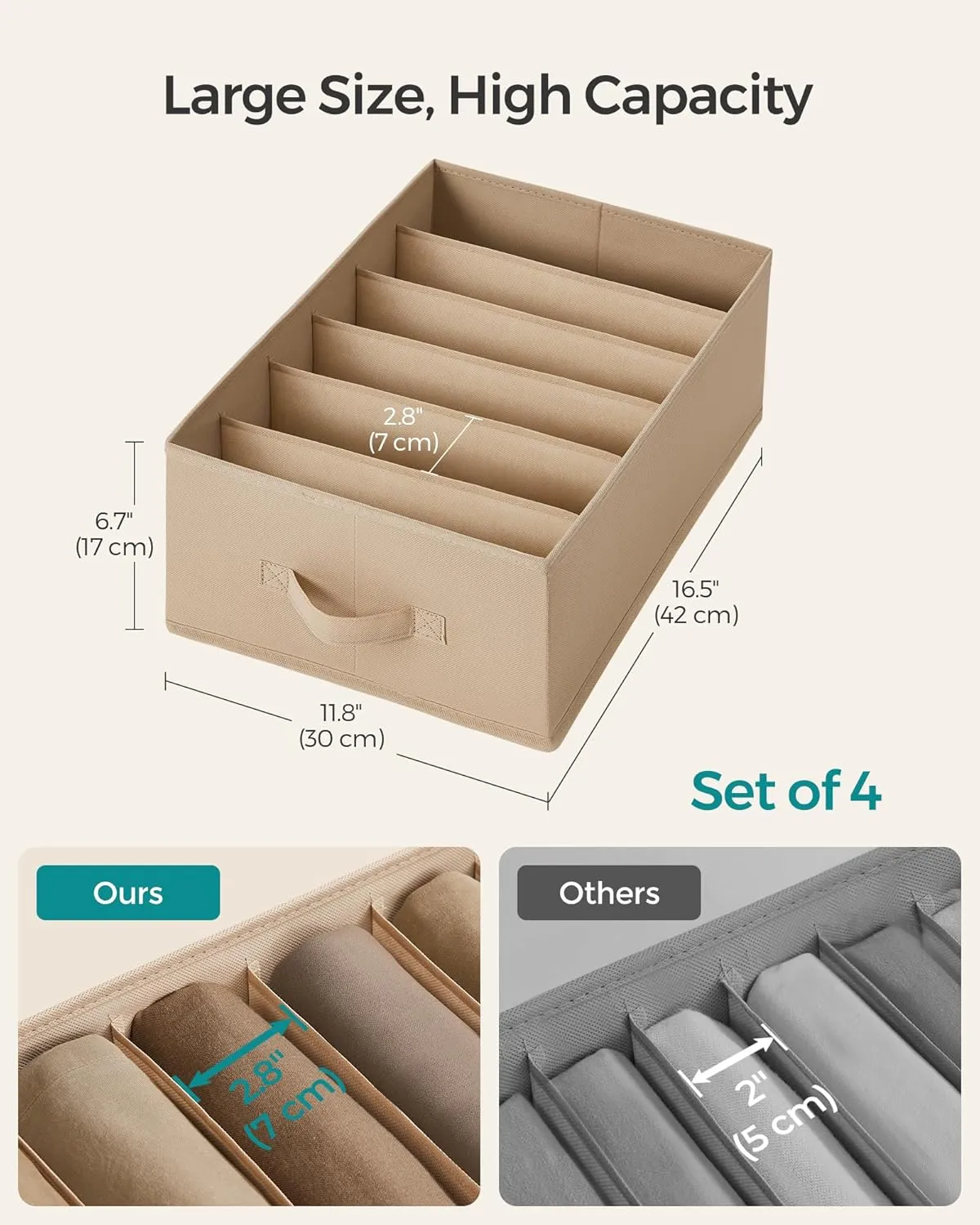 SONGMICS Set of 4 Large Size Wardrobe Clothes Organizers, 6-Compartment Foldable Drawer Organizers with Handles, 16.5 x 11.8 x 6.7 Inches, for Pants, Sweaters, Jeans, Sand Beige URUS009K01