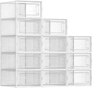 SONGMICS Shoe Boxes, Pack of 12 Shoe Storage Organizers, Stackable Clear Plastic Boxes for Closet, Sneakers, 9.1 x 13.1 x 5.6 Inches, Fit up to US Size 11, Transparent and White ULSP12SWT