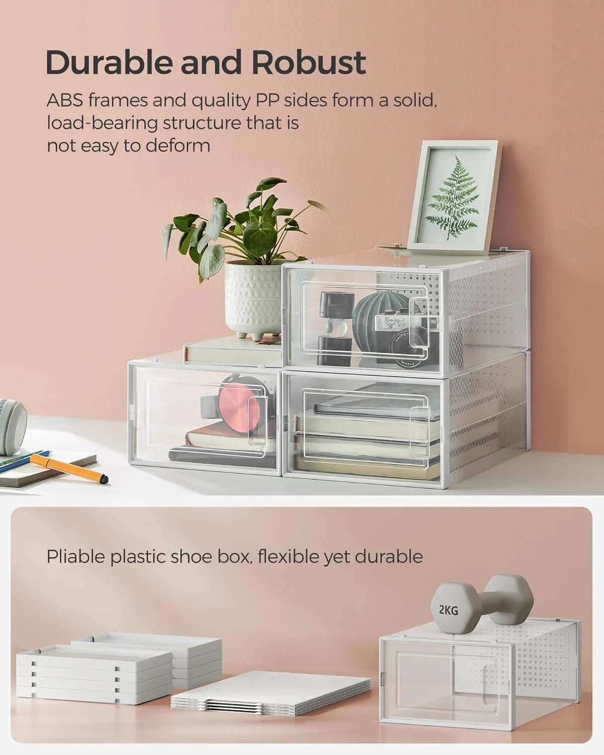SONGMICS Shoe Boxes, Pack of 12 Shoe Storage Organizers, Stackable Clear Plastic Boxes for Closet, Sneakers, 9.1 x 13.1 x 5.6 Inches, Fit up to US Size 11, Transparent and White ULSP12SWT