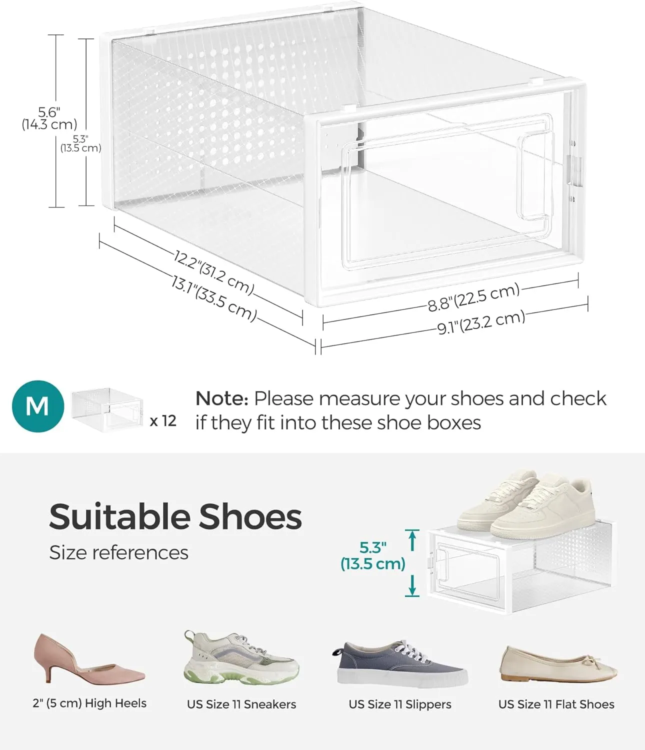 SONGMICS Shoe Boxes, Pack of 12 Shoe Storage Organizers, Stackable Clear Plastic Boxes for Closet, Sneakers, 9.1 x 13.1 x 5.6 Inches, Fit up to US Size 11, Transparent and White ULSP12SWT