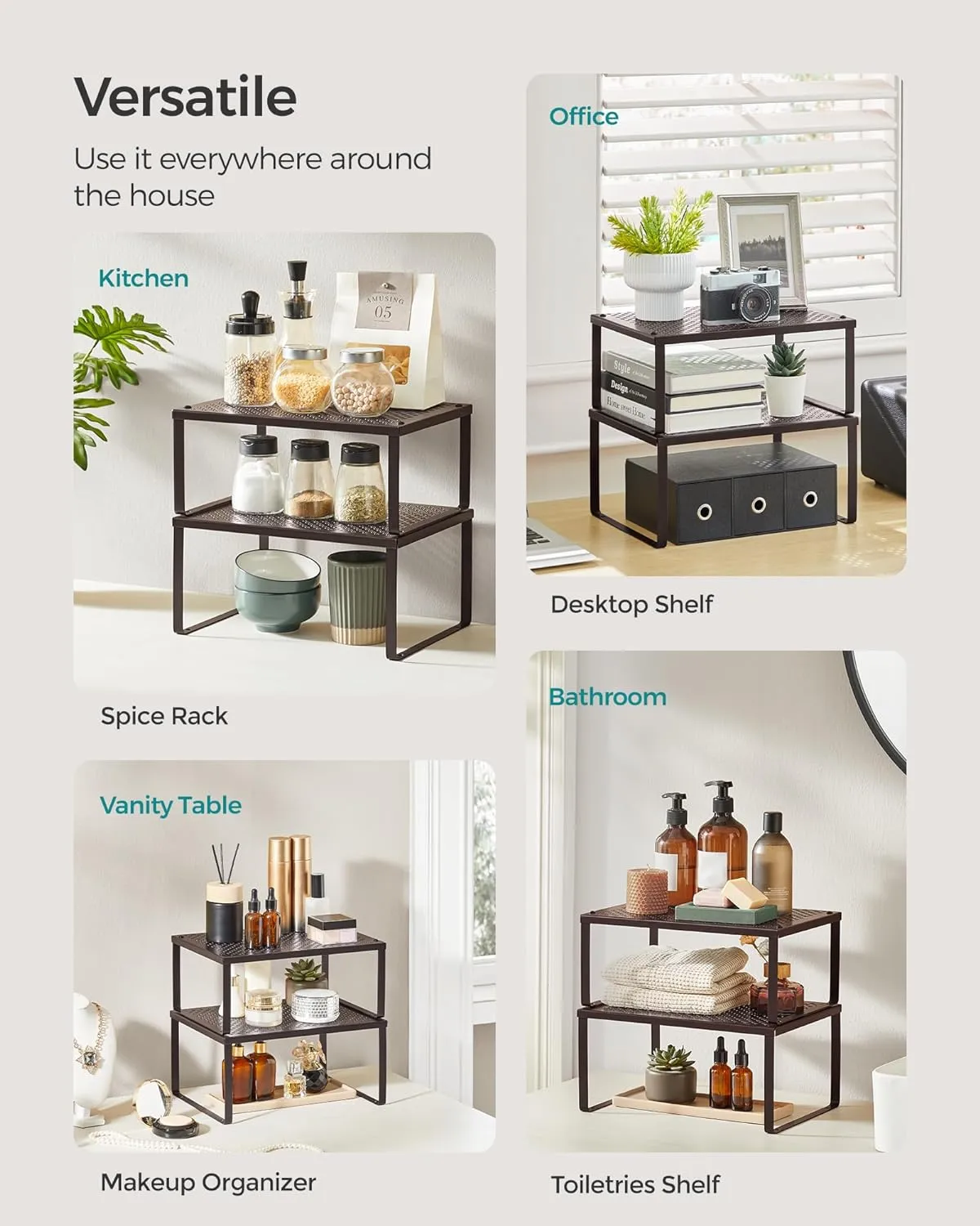 SONGMICS Spice Racks, Set of 2 Metal Cabinet Shelf Organizers, Countertop Organizers, Shelf Risers, Stackable, Expandable, Brown UKCS01BR