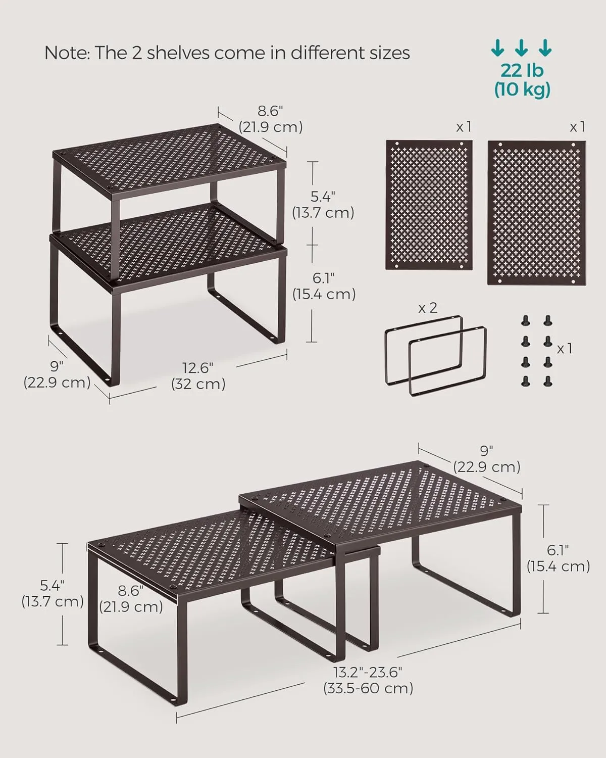 SONGMICS Spice Racks, Set of 2 Metal Cabinet Shelf Organizers, Countertop Organizers, Shelf Risers, Stackable, Expandable, Brown UKCS01BR
