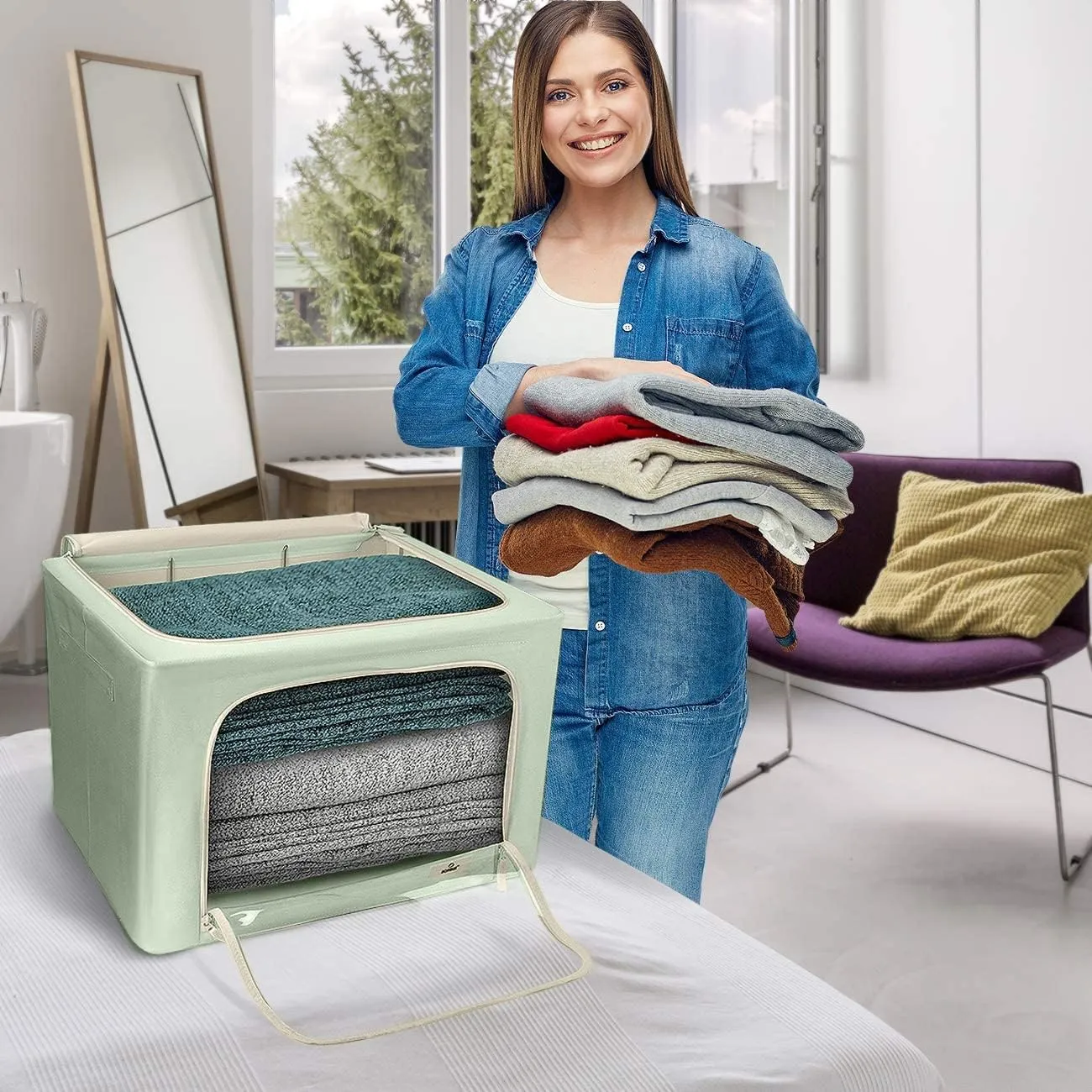 Sorbus Jumbo Storage Bins with Metal Frame - Oxford Fabric Storage Containers with Large Clear Window & Carry Handles - Stackable & Foldable Clothes Organizer Bags for Bedding Linen, Clothing & More