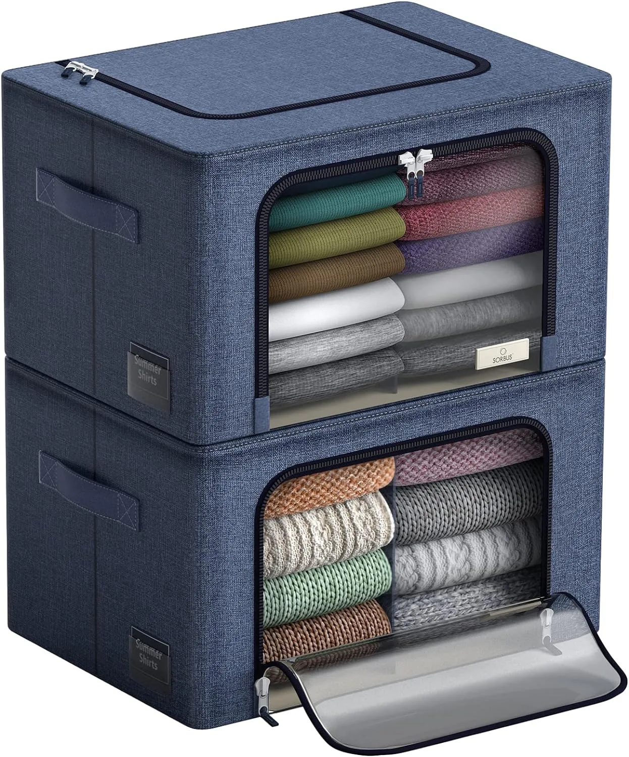 Sorbus Storage Bins with Metal Frame - Stackable & Foldable Clothes Organizer Bags - Oxford Fabric Storage Containers with Large Clear Window & Carry Handles Organization for Bedding Linen & Clothing