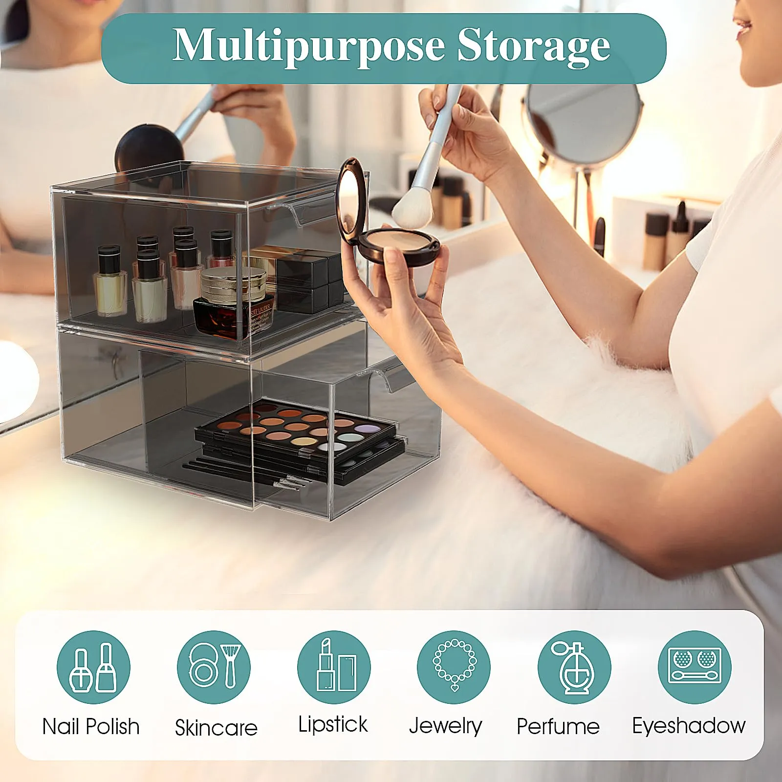 SpaceHacks 6 Pack Stackable Makeup Organizer and Storage, Acrylic Organizers，Clear Plastic Storage Drawer with Pull-Out Handles for Vanity, Undersink, Kitchen Cabinets, Pantry, Black