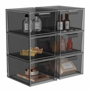 SpaceHacks 6 Pack Stackable Makeup Organizer and Storage, Acrylic Organizers，Clear Plastic Storage Drawer with Pull-Out Handles for Vanity, Undersink, Kitchen Cabinets, Pantry, Black
