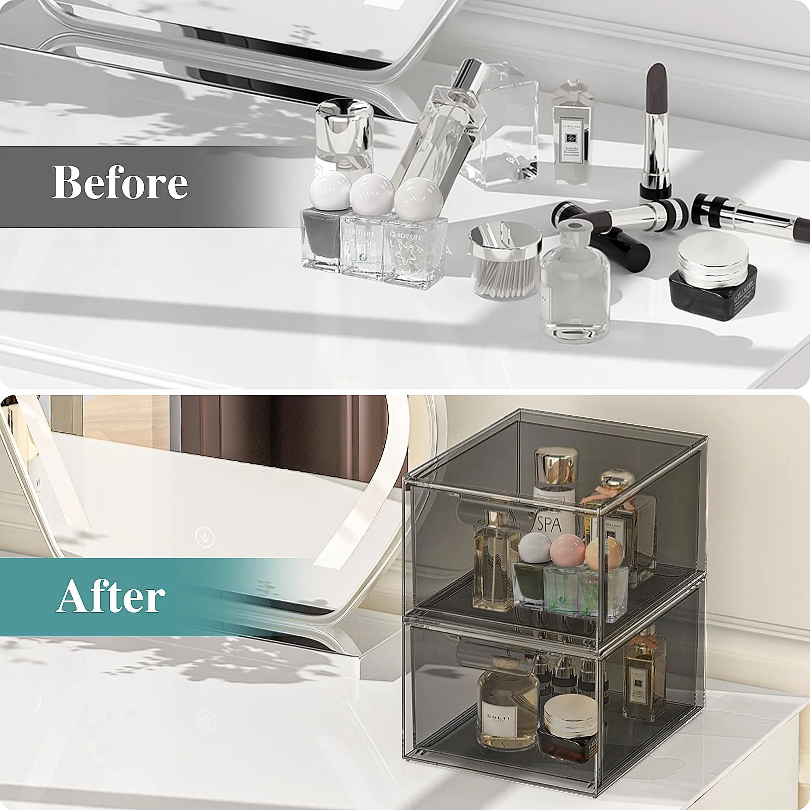 SpaceHacks 6 Pack Stackable Makeup Organizer and Storage, Acrylic Organizers，Clear Plastic Storage Drawer with Pull-Out Handles for Vanity, Undersink, Kitchen Cabinets, Pantry, Black