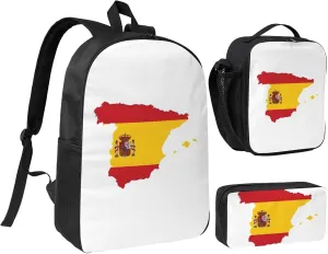 Spanish Flag Map print 3PCS Backpack for Men Women Aesthetic 17 Inches Bookbag with Lunch Box Pencil Bag