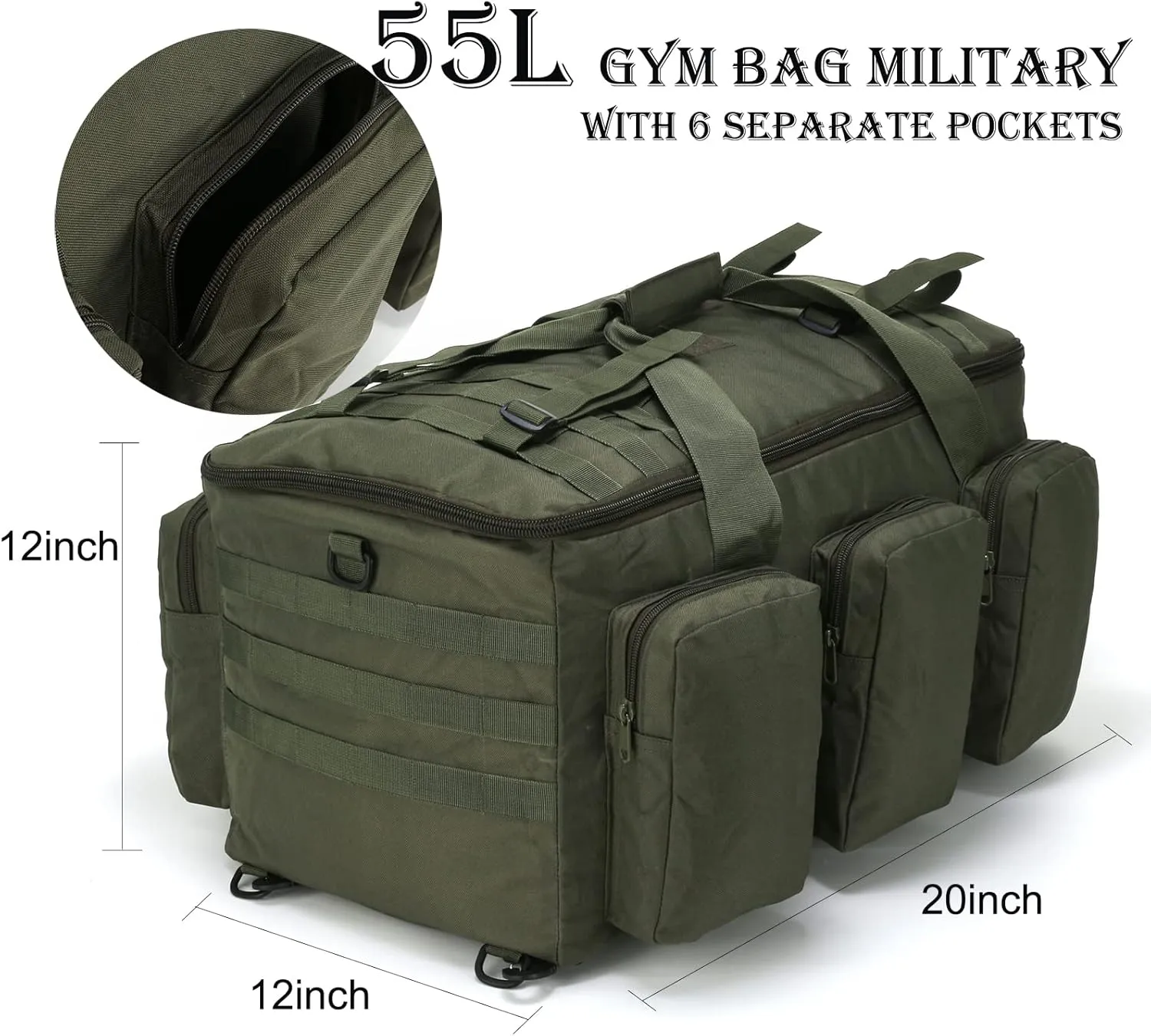 Sparklekle Military Duffel Bag 50L Gym Bag for Men Convertible Weekend Backpack for Sports Travel Camping (Army-Green)