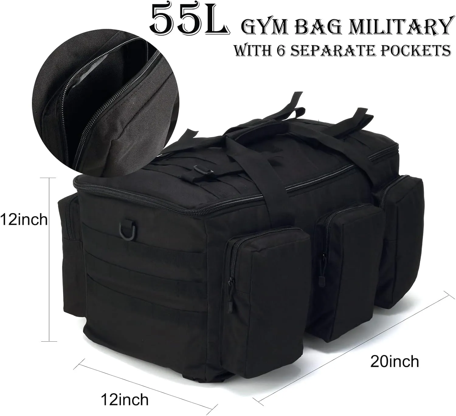 Sparklekle Military Duffel Bag 50L Gym Bag for Men Convertible Weekend Backpack for Sports Travel Camping (Black)