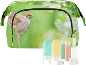 Sparrows and Apple-blossom Travel Toiletry Bag, Cosmetic Bag Make Up Organizer Case, Large Wide-open Pouch for Women Purse for Toiletries Accessories