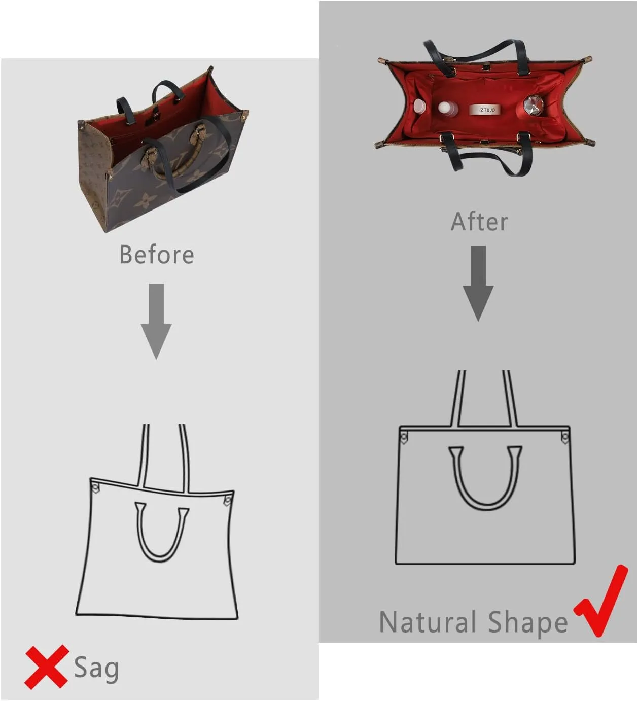 Speedy Neverfull Tote Organizer Insert - Silk Purse Organizer with Zipper, Silky Smooth, 6 Sizes (Large, Silky Red)