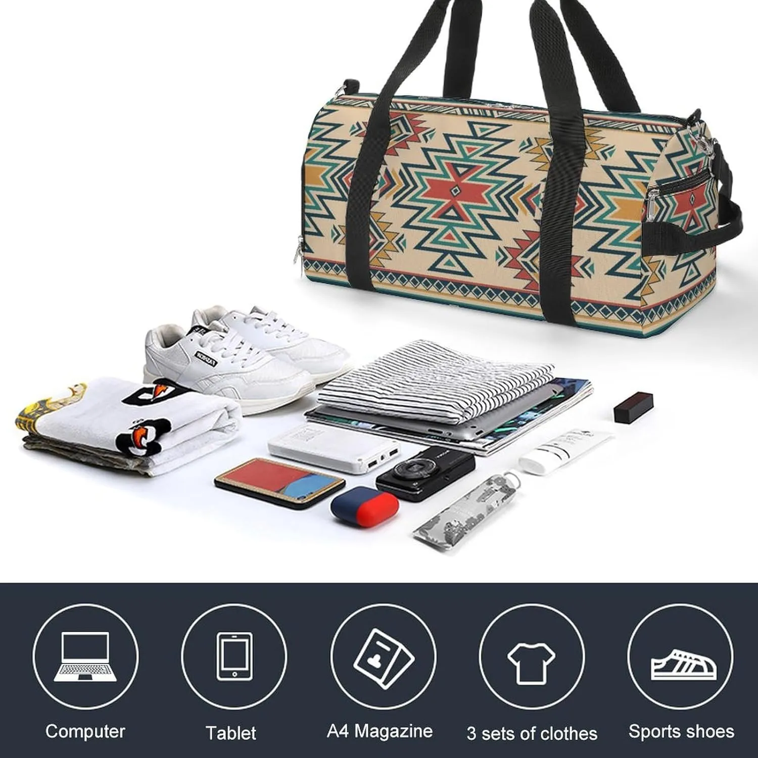 Sport Gym Duffel with Shoe Compartment Wet Pocket, Aztec-american-print Shoulder Travel Bag for Women Men, style-1