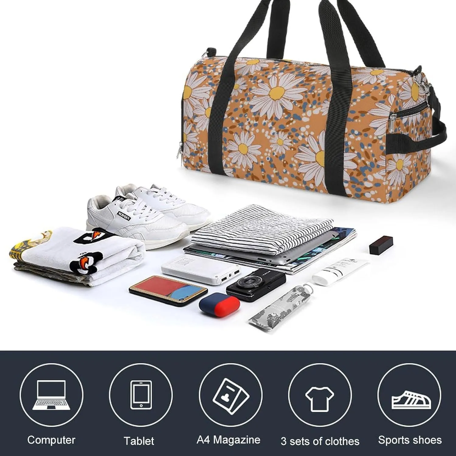 Sport Gym Duffel with Shoe Compartment Wet Pocket, Beautiful Flower Pattern Shoulder Travel Bag for Women Men