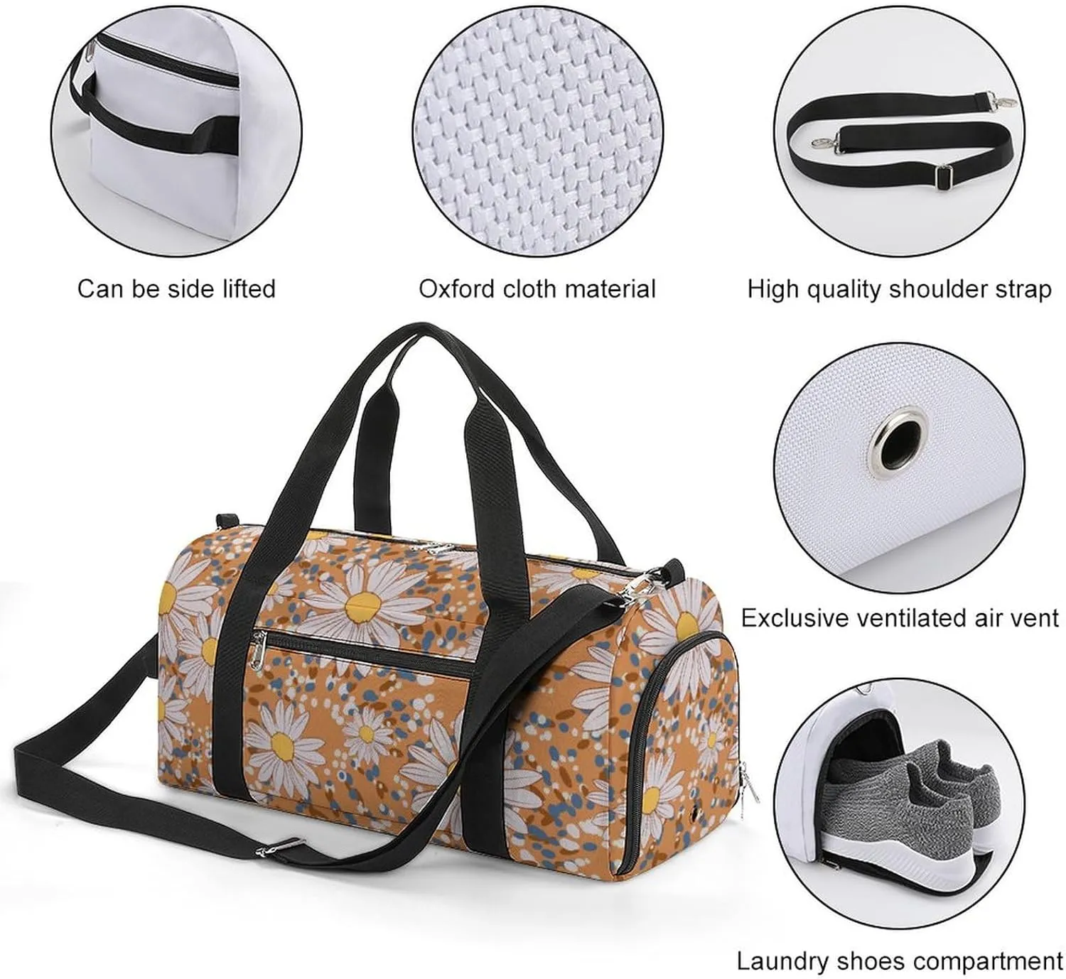 Sport Gym Duffel with Shoe Compartment Wet Pocket, Beautiful Flower Pattern Shoulder Travel Bag for Women Men