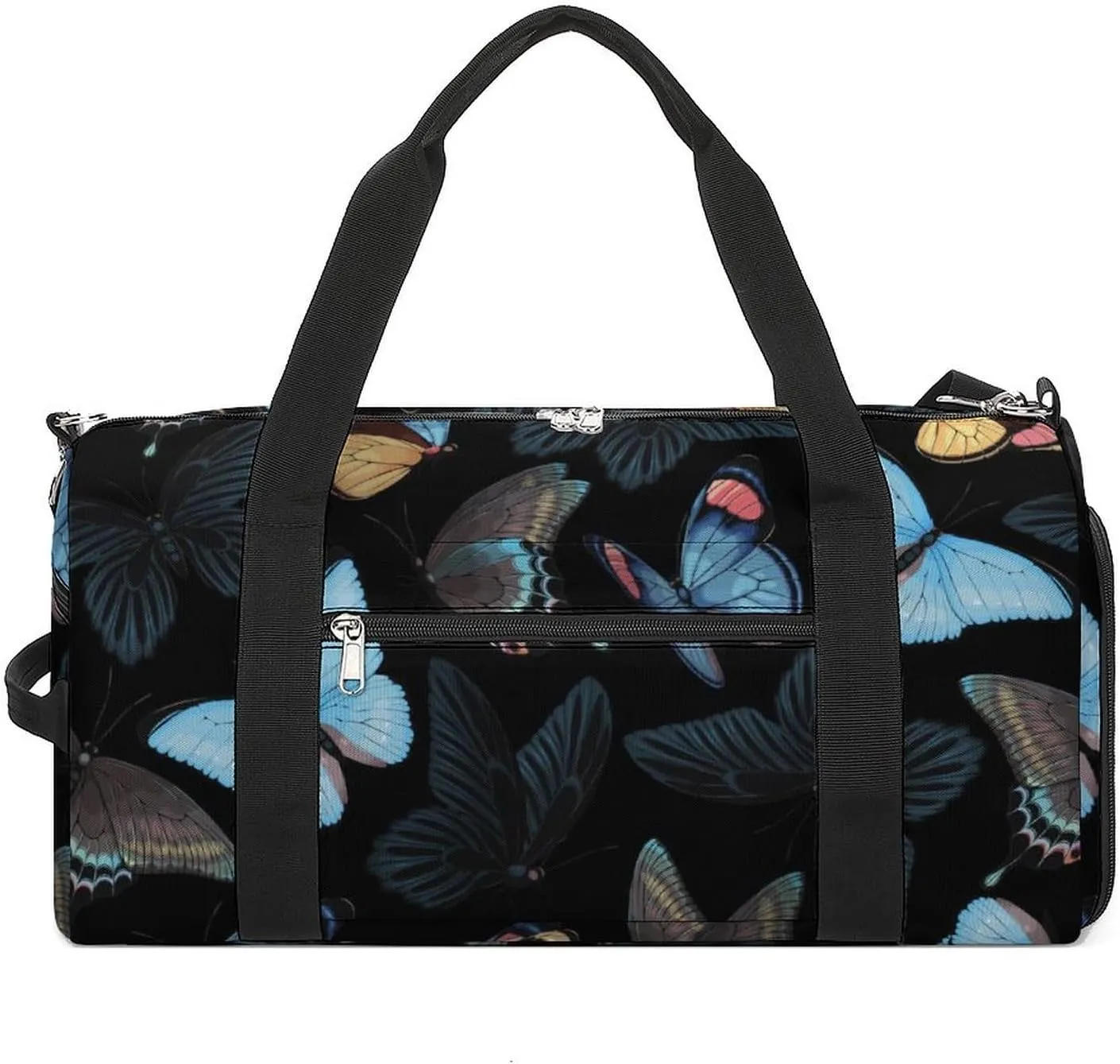 Sport Gym Duffel with Shoe Compartment Wet Pocket, Blue-yellow-butterflies Shoulder Travel Bag for Women Men