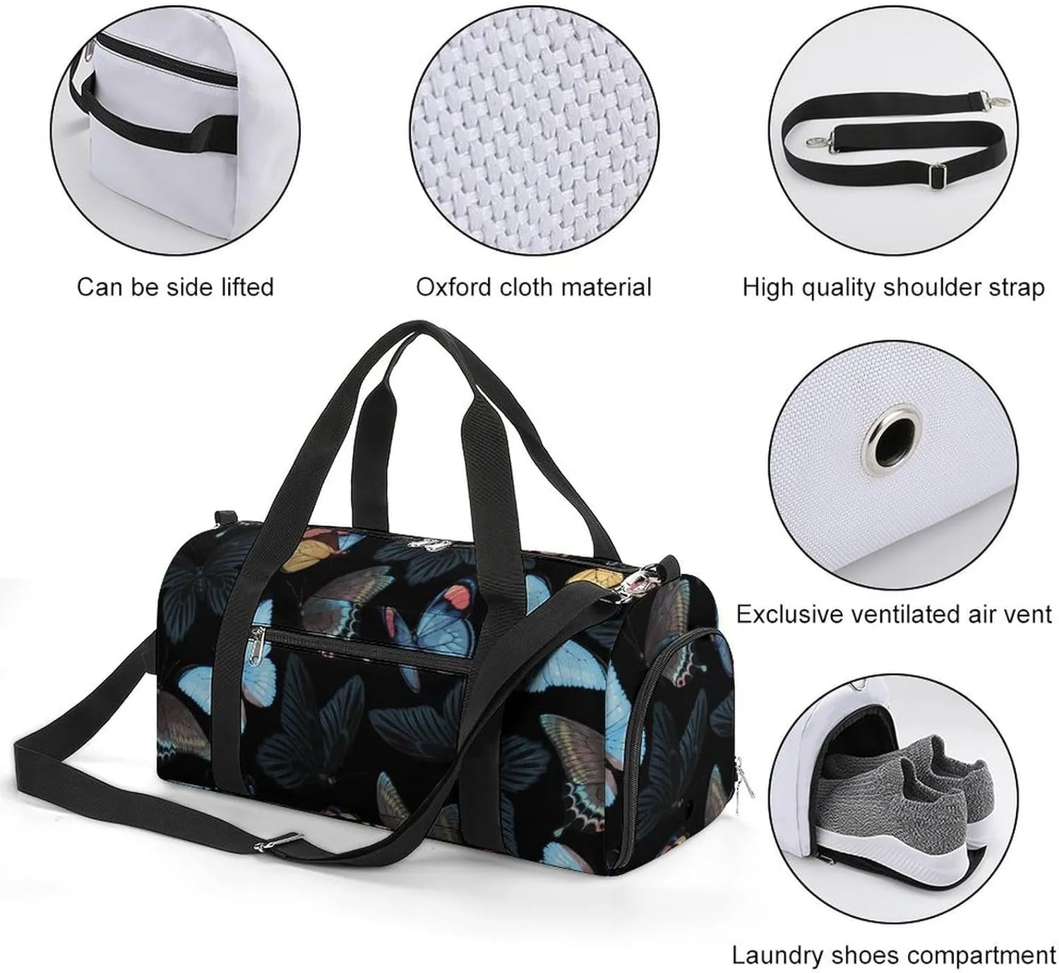 Sport Gym Duffel with Shoe Compartment Wet Pocket, Blue-yellow-butterflies Shoulder Travel Bag for Women Men