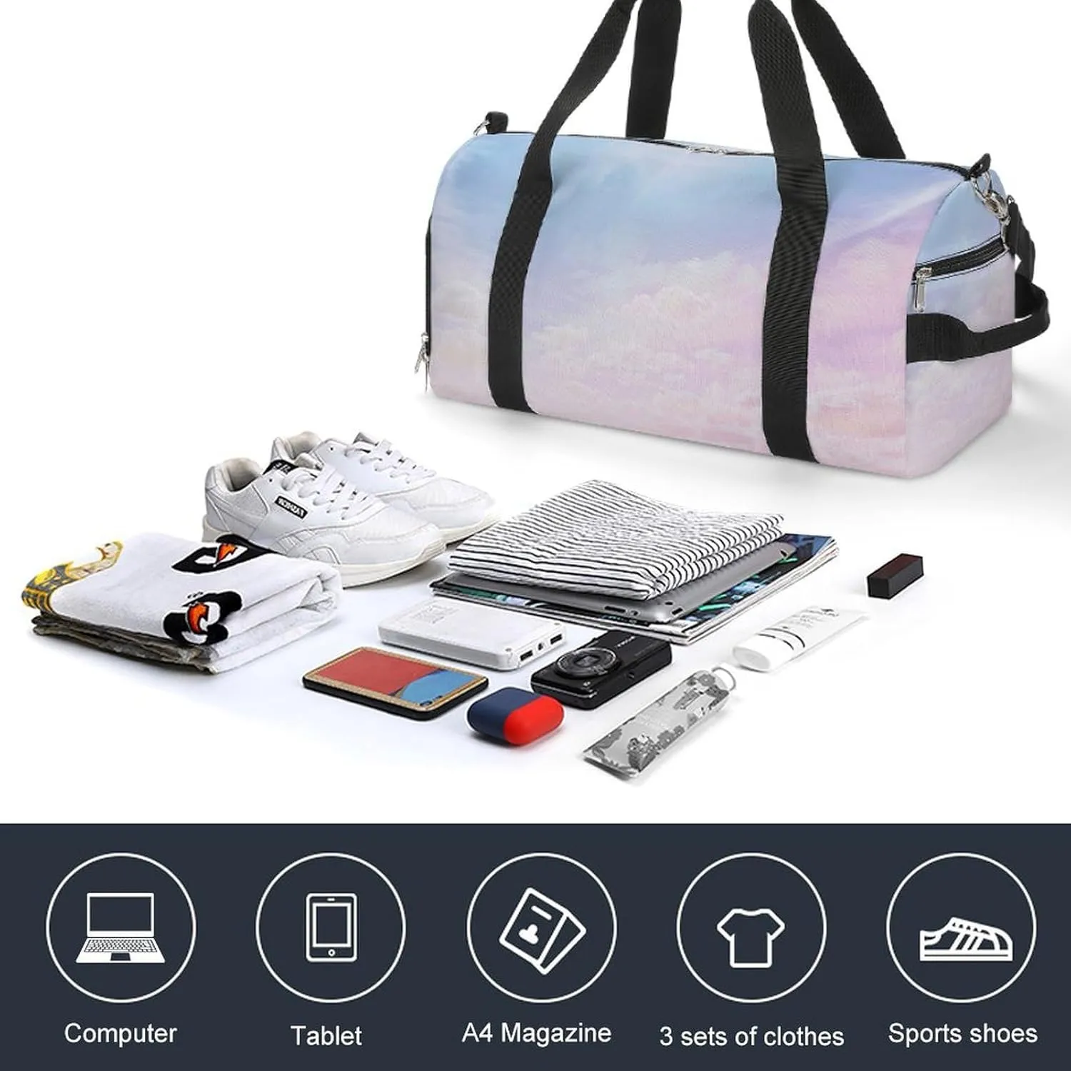 Sport Gym Duffel with Shoe Compartment Wet Pocket, Clouds-watercolor-tint-pink Shoulder Travel Bag for Women Men, style-2