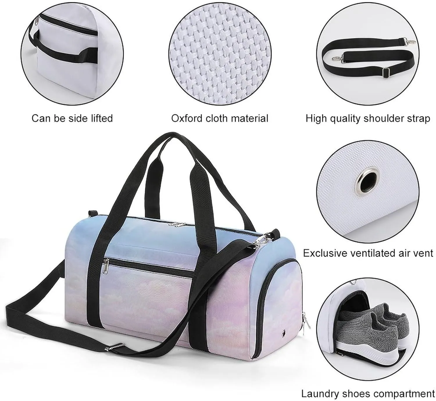 Sport Gym Duffel with Shoe Compartment Wet Pocket, Clouds-watercolor-tint-pink Shoulder Travel Bag for Women Men, style-2