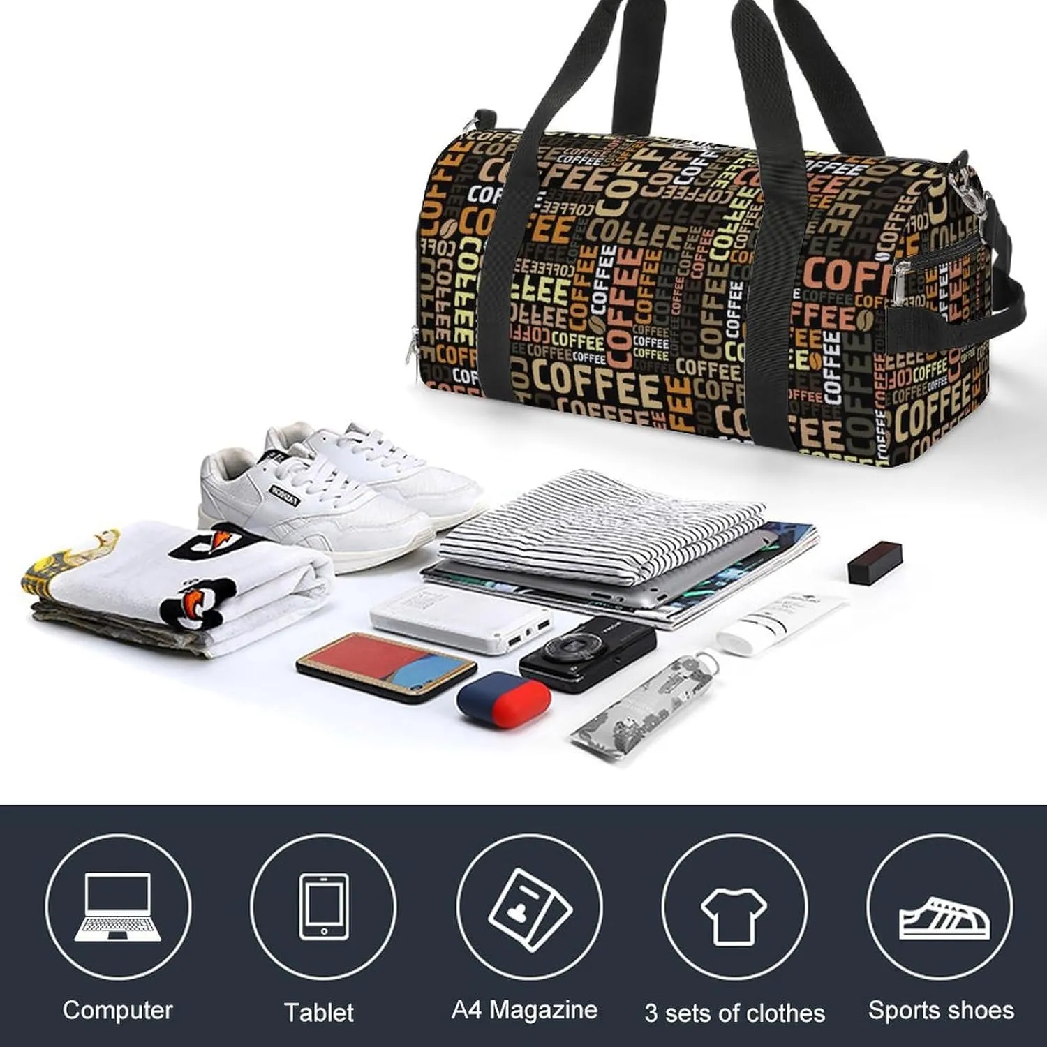 Sport Gym Duffel with Shoe Compartment Wet Pocket, Coffee-print Shoulder Travel Bag for Women Men, style