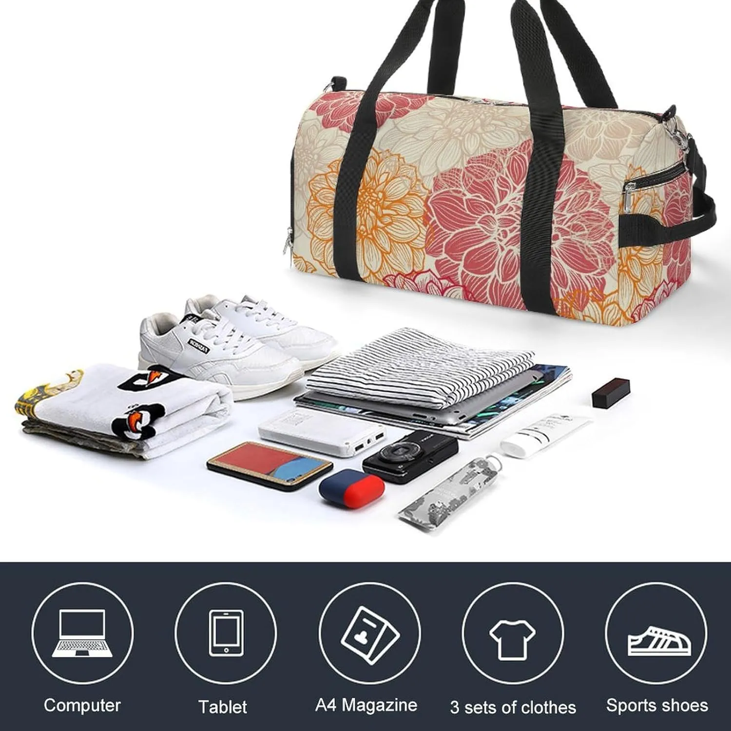 Sport Gym Duffel with Shoe Compartment Wet Pocket, Coloured-floral-pattern Shoulder Travel Bag for Women Men, style-2