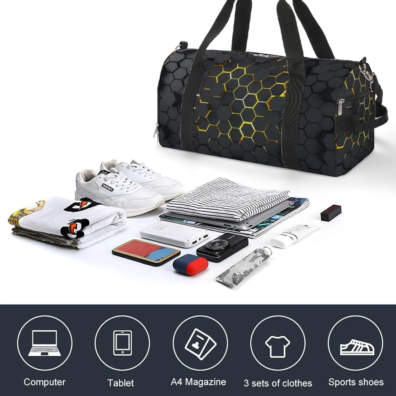 Sport Gym Duffel with Shoe Compartment Wet Pocket, Dark-hexagon-pattern Shoulder Travel Bag for Women Men, style-3