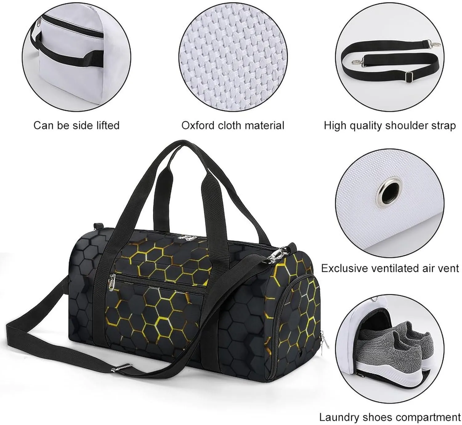 Sport Gym Duffel with Shoe Compartment Wet Pocket, Dark-hexagon-pattern Shoulder Travel Bag for Women Men, style-3