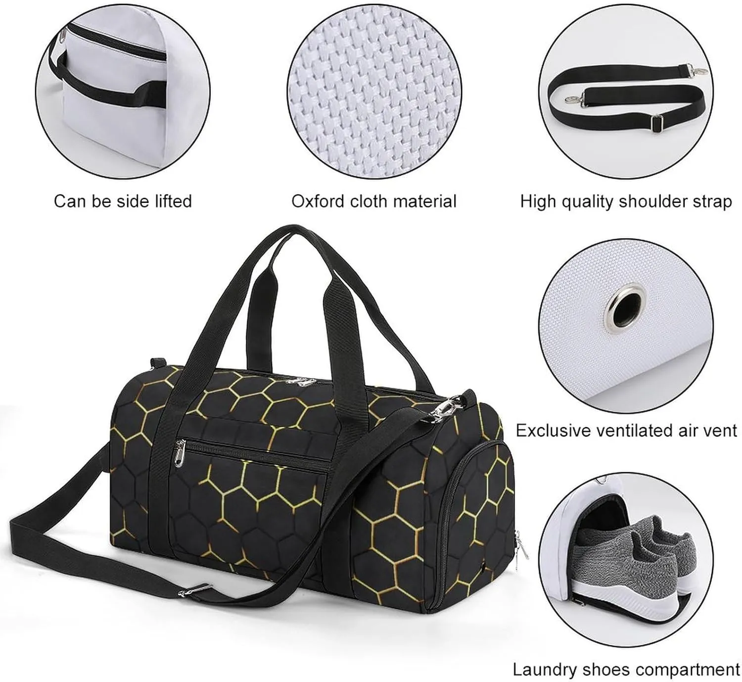 Sport Gym Duffel with Shoe Compartment Wet Pocket, Dark-hexagon-texture Shoulder Travel Bag for Women Men, style-2