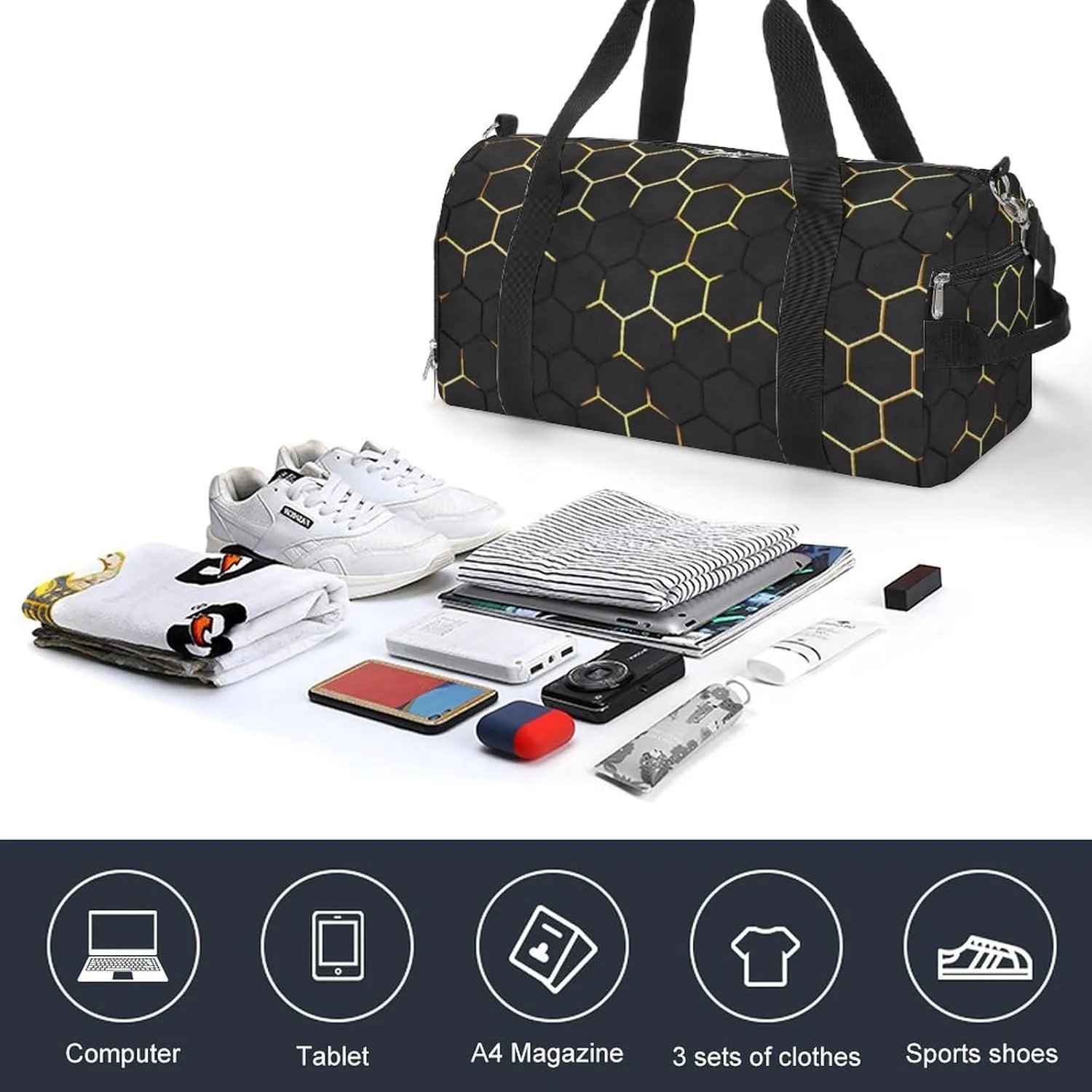 Sport Gym Duffel with Shoe Compartment Wet Pocket, Dark-hexagon-texture Shoulder Travel Bag for Women Men, style-2