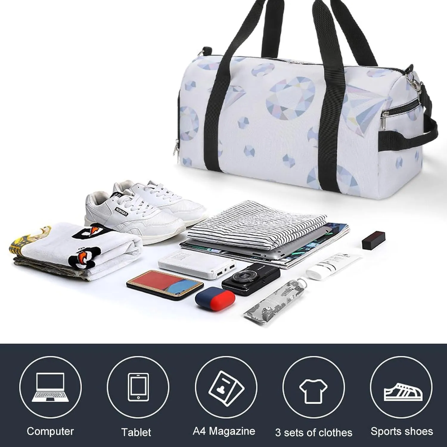 Sport Gym Duffel with Shoe Compartment Wet Pocket, Diamonds-pattern Shoulder Travel Bag for Women Men