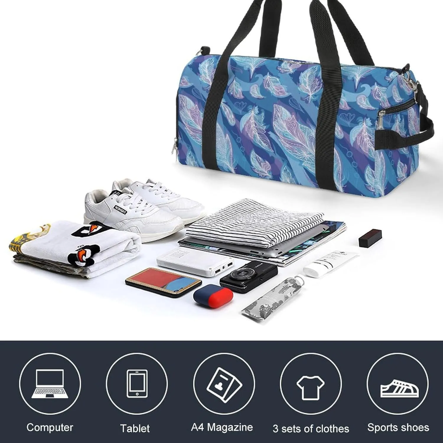 Sport Gym Duffel with Shoe Compartment Wet Pocket, Feather-hippie-style-blue Shoulder Travel Bag for Women Men
