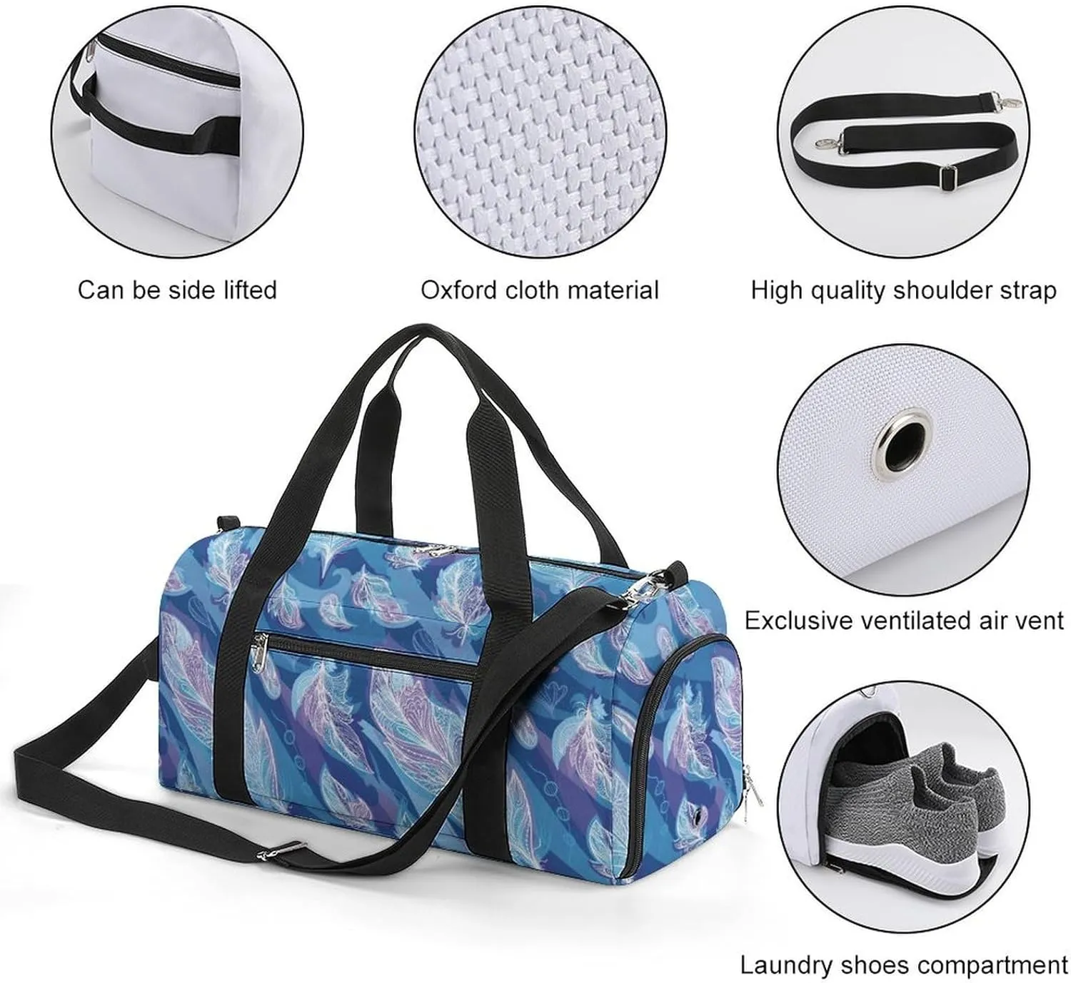 Sport Gym Duffel with Shoe Compartment Wet Pocket, Feather-hippie-style-blue Shoulder Travel Bag for Women Men