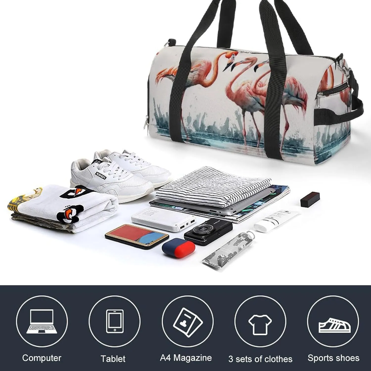 Sport Gym Duffel with Shoe Compartment Wet Pocket, Flamingos-pond-watercolor Shoulder Travel Bag for Women Men