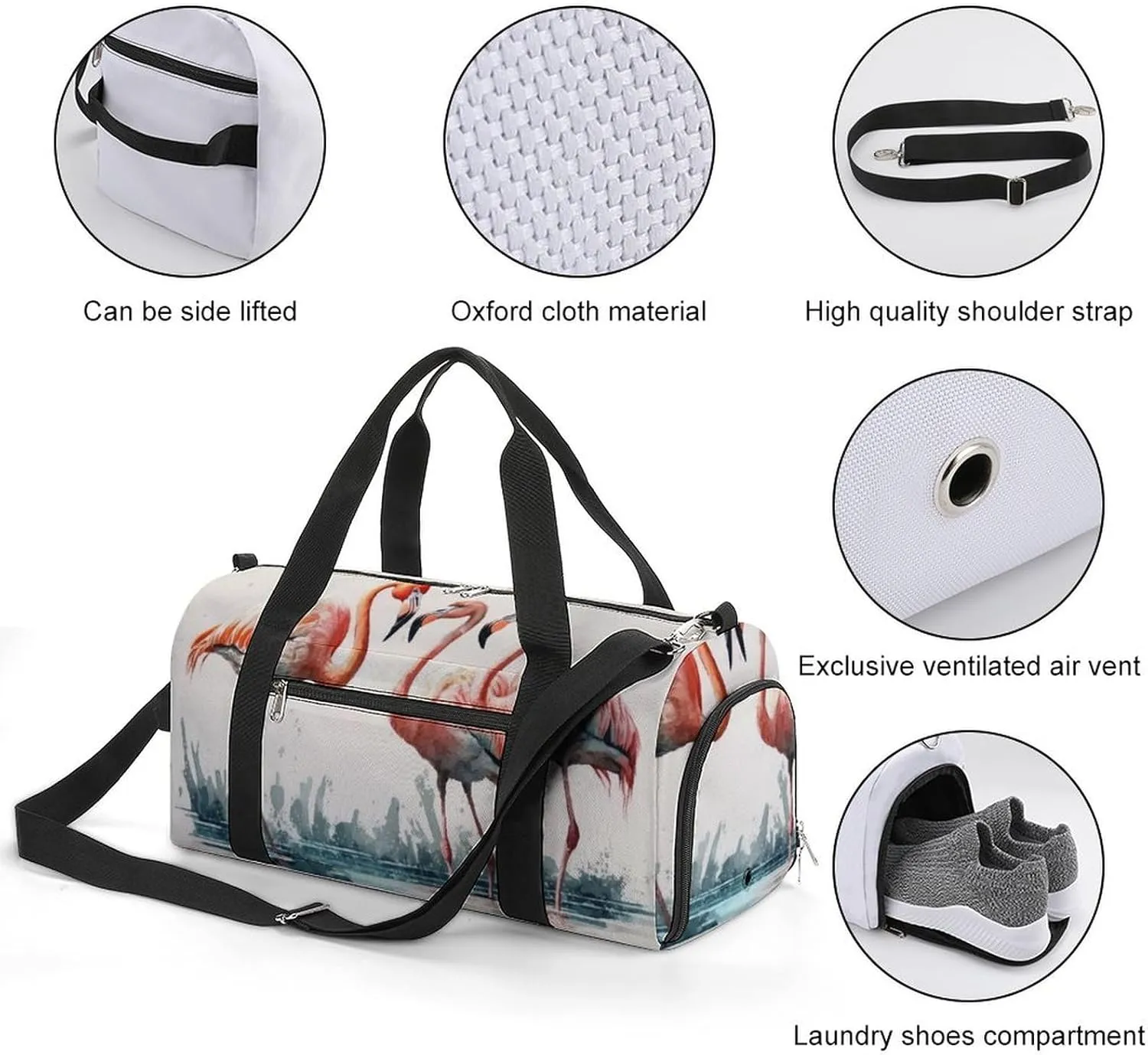 Sport Gym Duffel with Shoe Compartment Wet Pocket, Flamingos-pond-watercolor Shoulder Travel Bag for Women Men