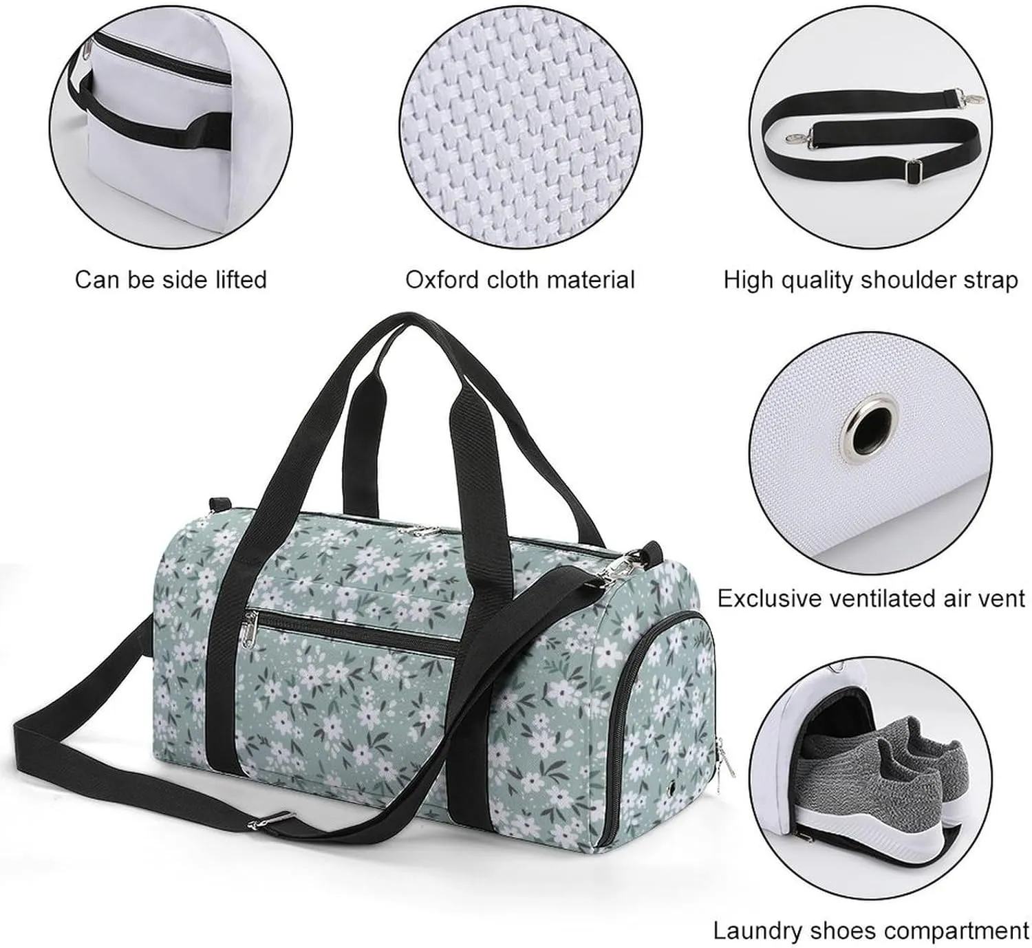 Sport Gym Duffel with Shoe Compartment Wet Pocket, Flowers-light-blue-print Shoulder Travel Bag for Women Men