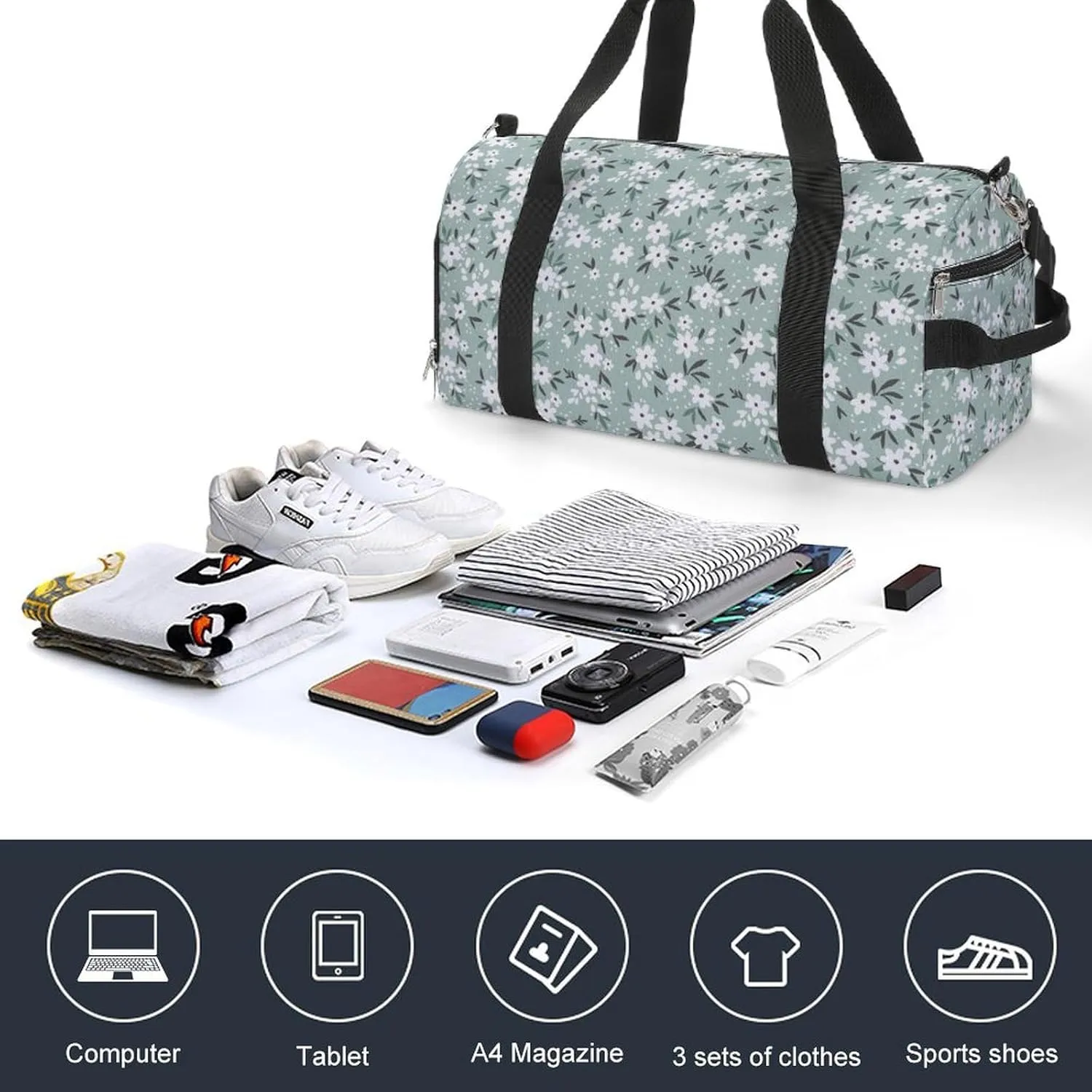 Sport Gym Duffel with Shoe Compartment Wet Pocket, Flowers-light-blue-print Shoulder Travel Bag for Women Men