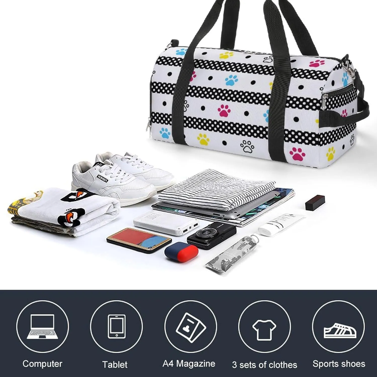 Sport Gym Duffel with Shoe Compartment Wet Pocket, Footprint-cartoon Shoulder Travel Bag for Women Men, style-3