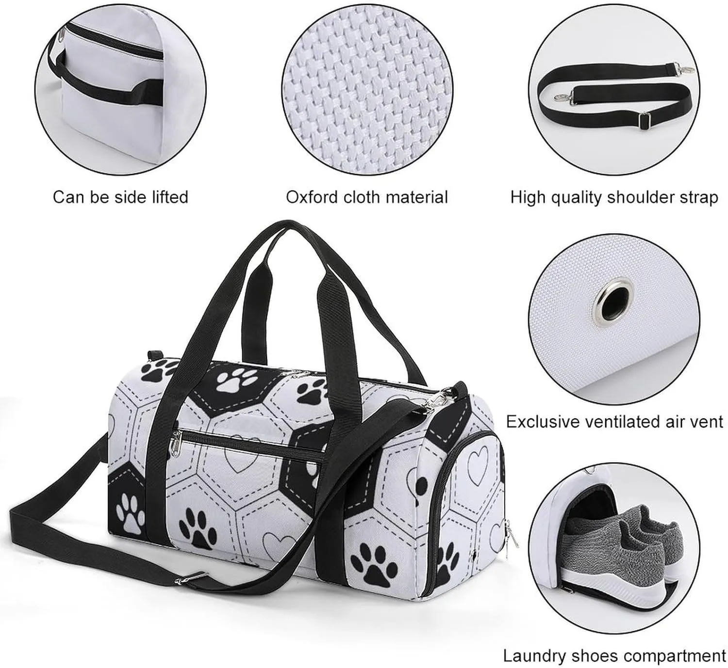 Sport Gym Duffel with Shoe Compartment Wet Pocket, Footprints-pet-hexagonal-grid Shoulder Travel Bag for Women Men, style-1