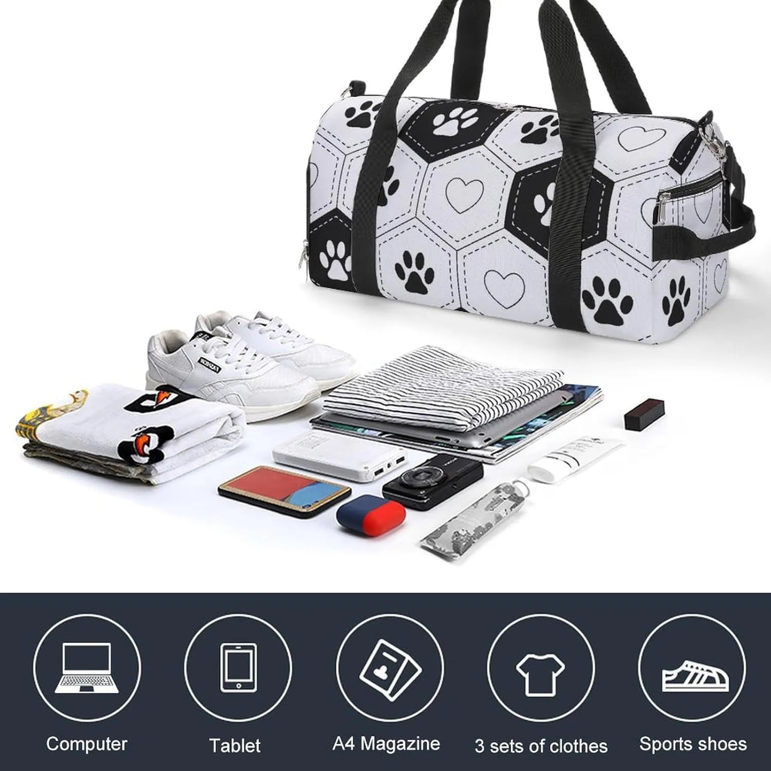 Sport Gym Duffel with Shoe Compartment Wet Pocket, Footprints-pet-hexagonal-grid Shoulder Travel Bag for Women Men, style-1