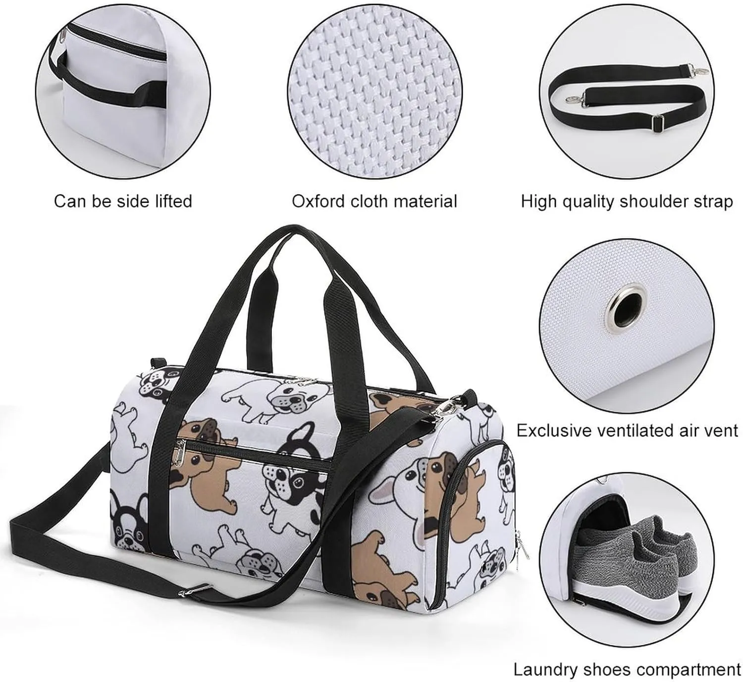 Sport Gym Duffel with Shoe Compartment Wet Pocket, French-bulldog-pattern-cartoon Shoulder Travel Bag for Women Men, style-2