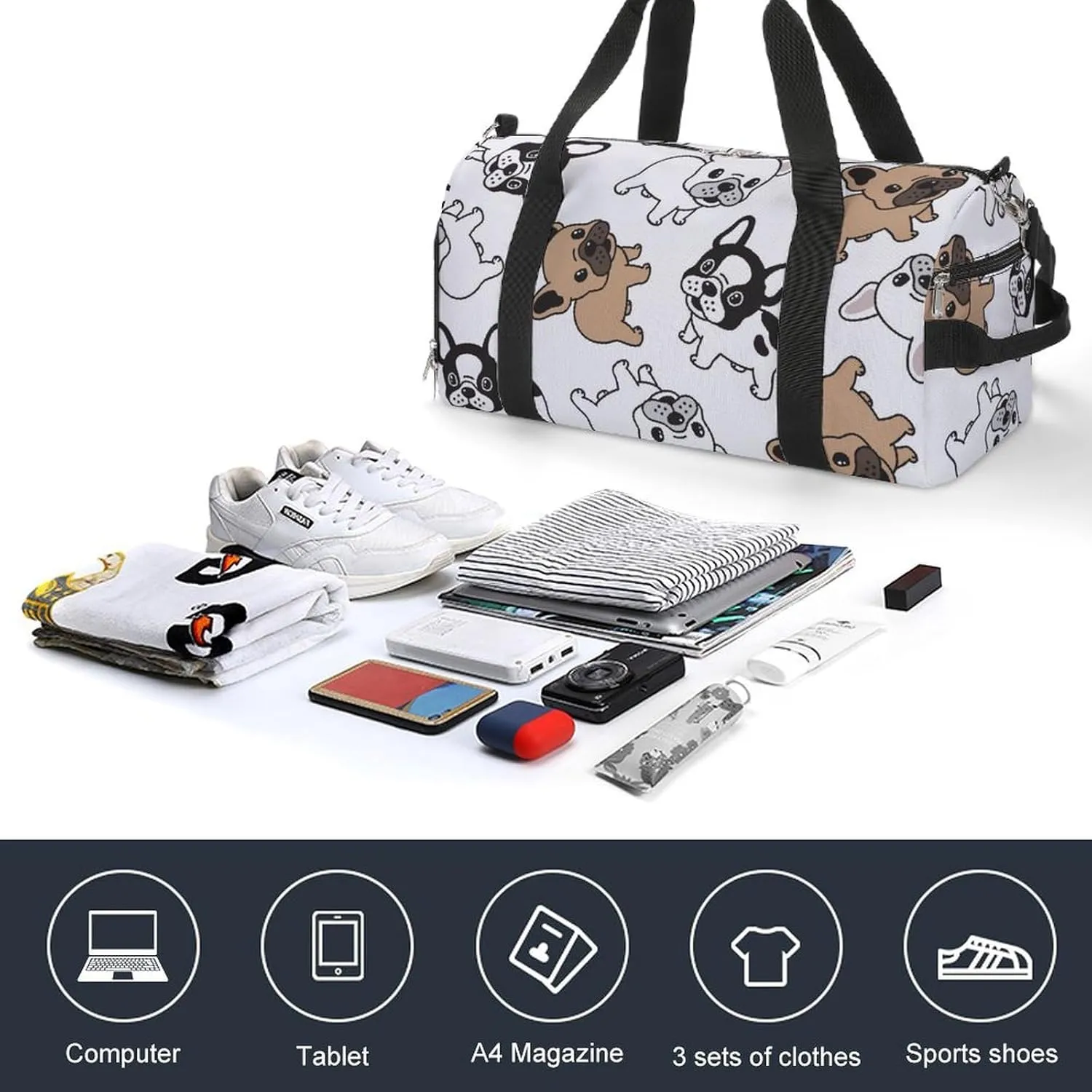 Sport Gym Duffel with Shoe Compartment Wet Pocket, French-bulldog-pattern-cartoon Shoulder Travel Bag for Women Men, style-2