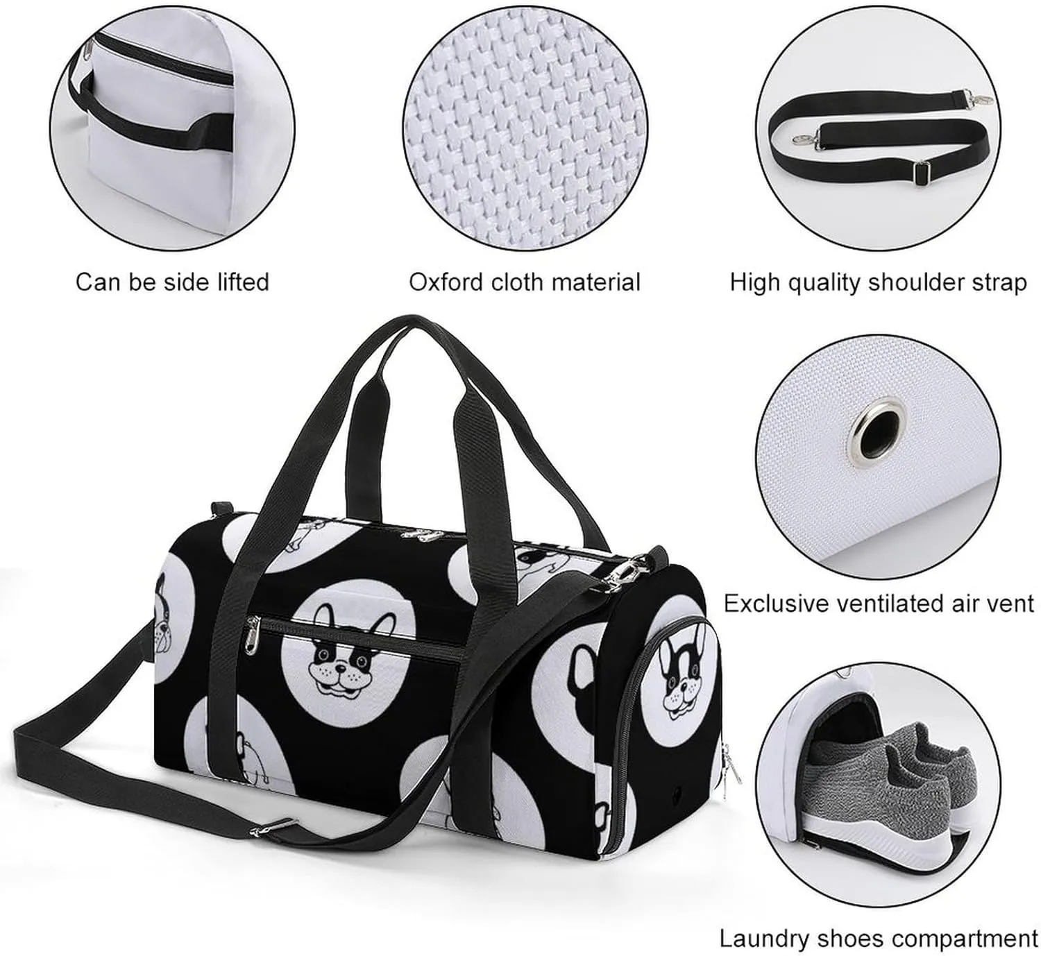 Sport Gym Duffel with Shoe Compartment Wet Pocket, French-bulldog-polka-dot Shoulder Travel Bag for Women Men