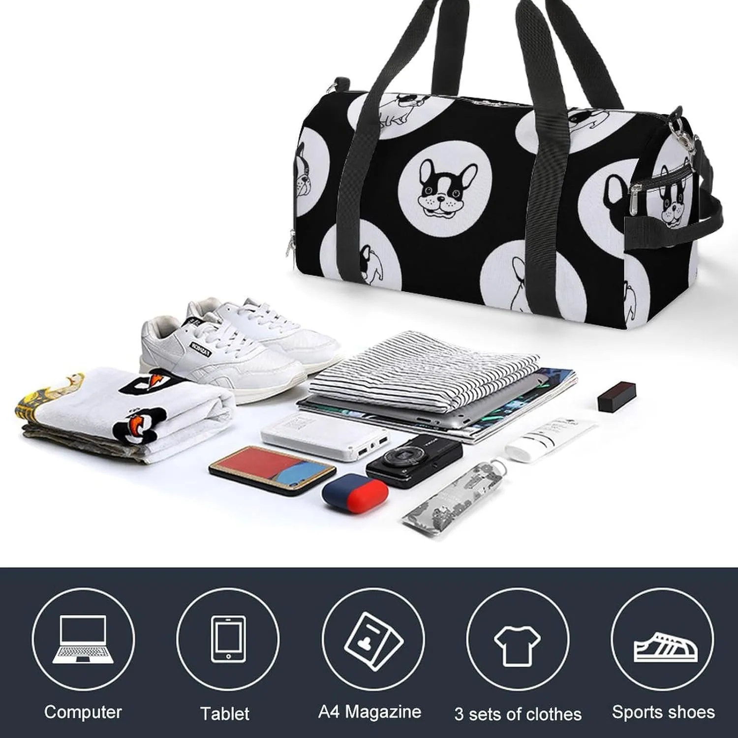 Sport Gym Duffel with Shoe Compartment Wet Pocket, French-bulldog-polka-dot Shoulder Travel Bag for Women Men